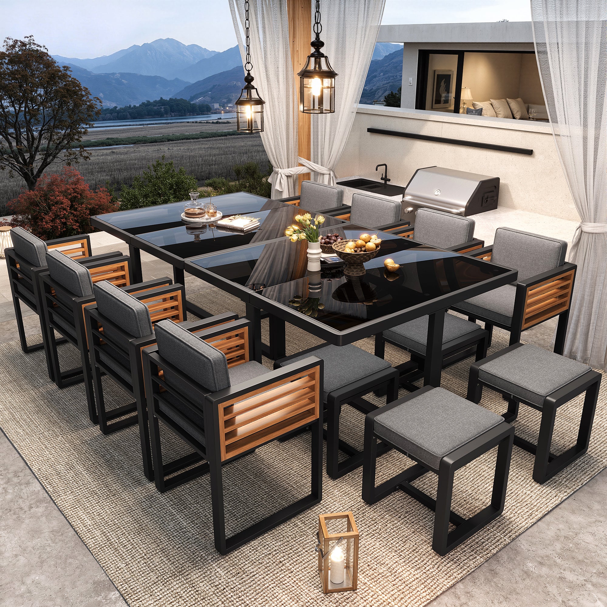 Garden Furniture Set with 12 Chairs and Table for 12 People, Glass Tabletop