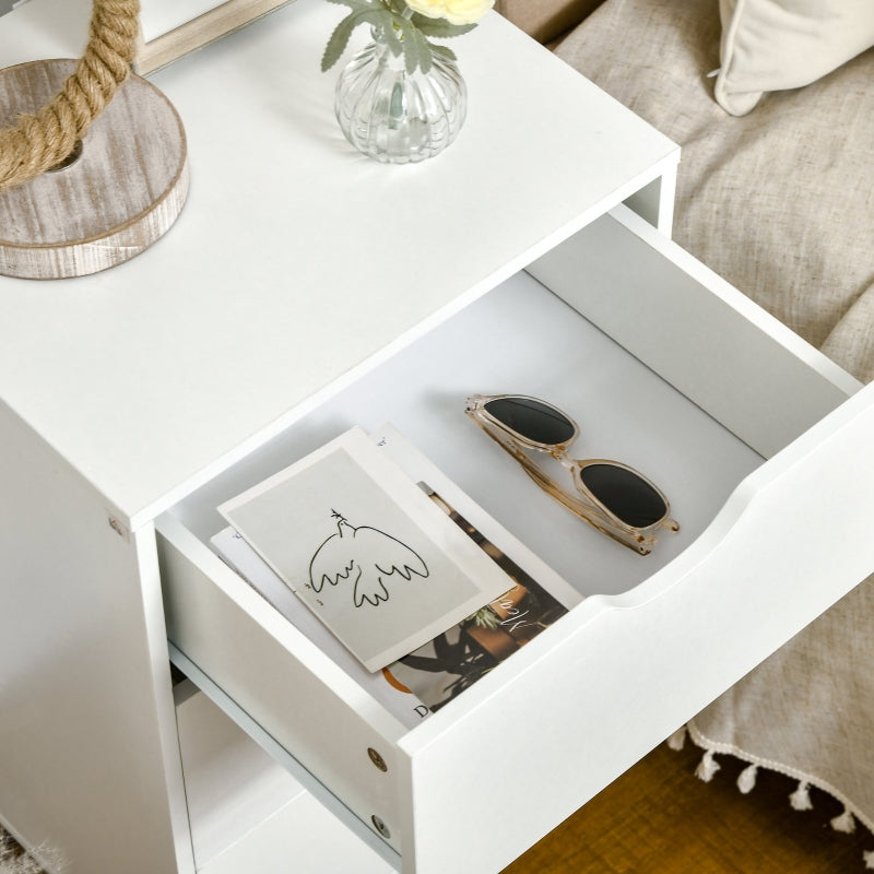 Bedside Table with 3 Drawers, Wood Legs, White