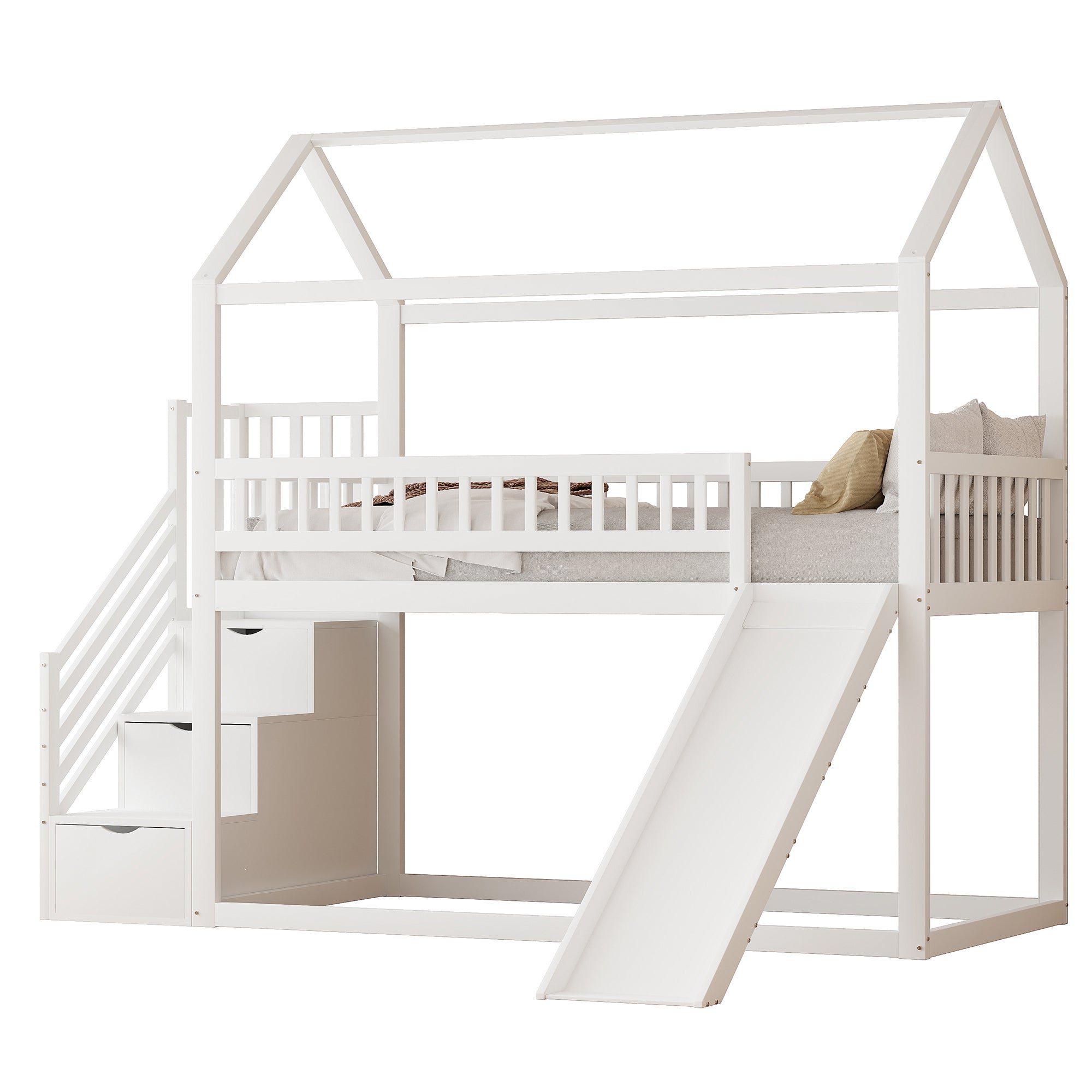 Children's Bunk Bed 90x200 cm, Loft with Slide & Storage Ladder, Solid Wood, White