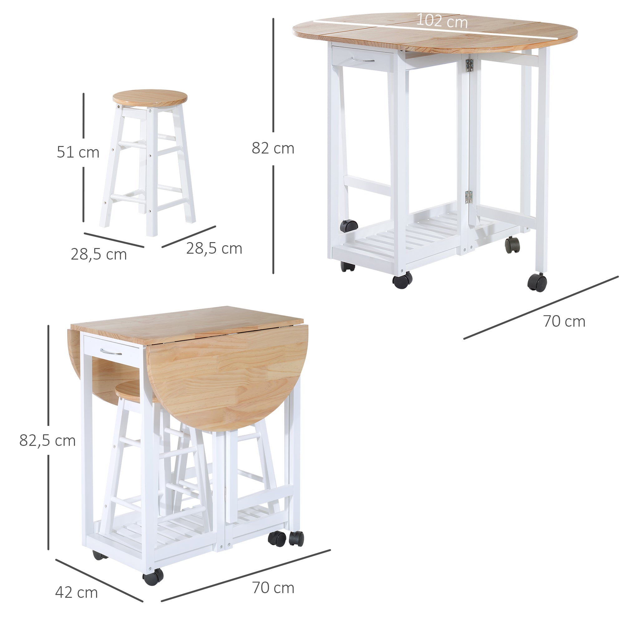 Folding 3 Pieces Bar Table Set, Mobile Drop Leaf with 2 Stools, Storage Shelf, Drawers, and Wheels, White