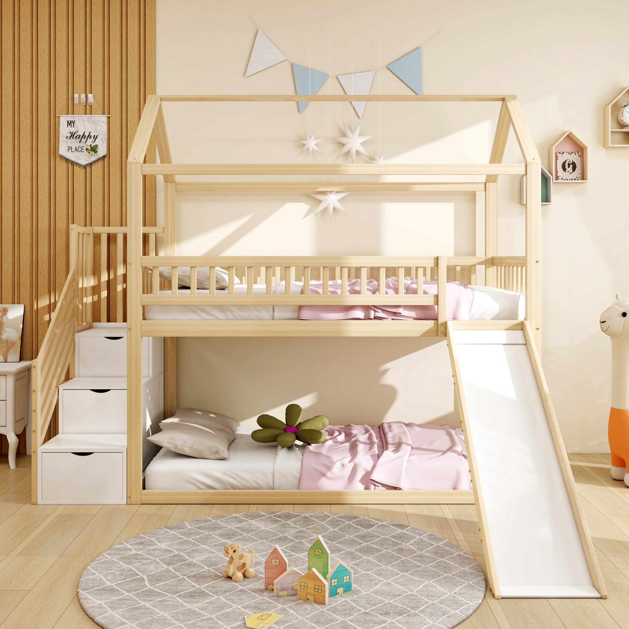 Children's Bunk Bed 90x200cm, Loft with Slide & Storage Ladder, Solid Wood