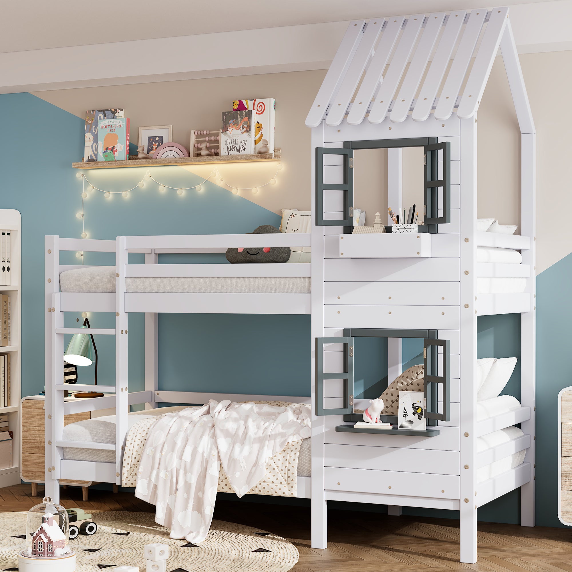 Bunk Bed, House Bed with Handrail & Window, Pine Frame, White