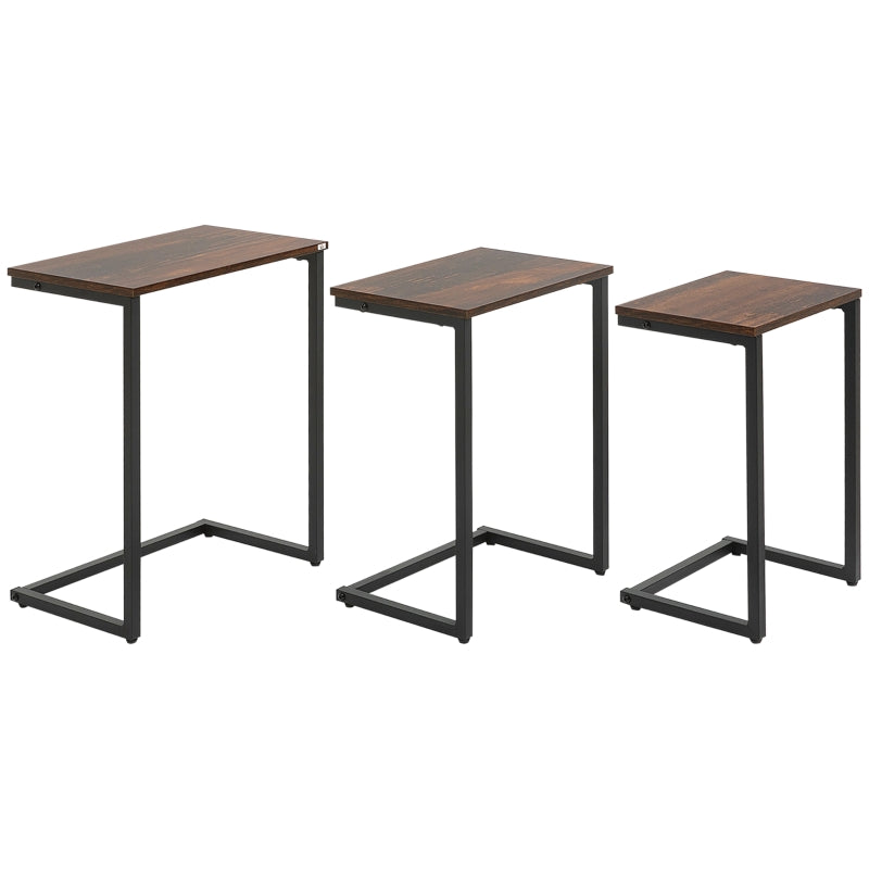 Nesting Side Tables Set of 3, C-Shaped Snack Tables Steel Frame, Rustic Brown