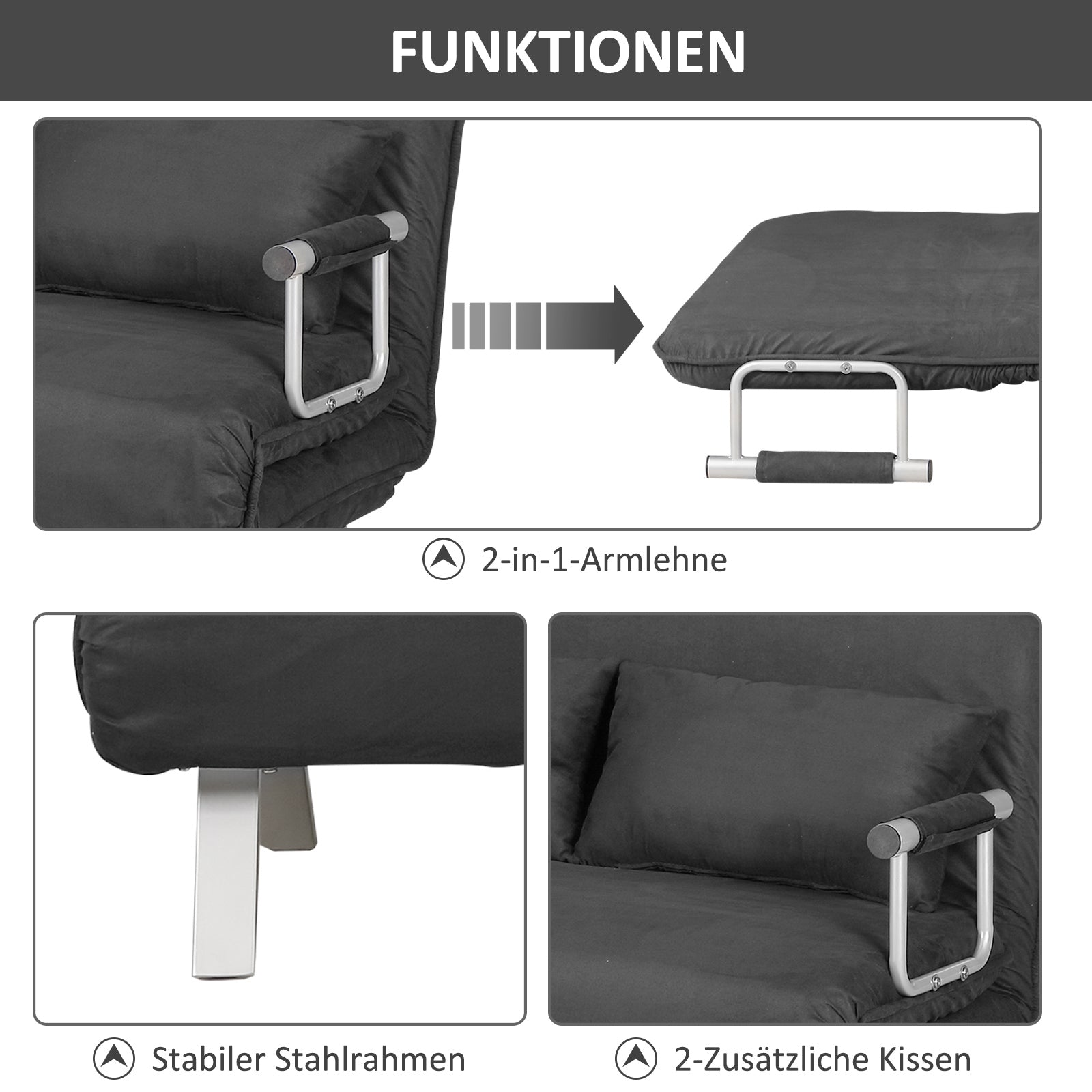 2-Seater Sofa Bed, Armrests Folding Guest Faux Suede Grey