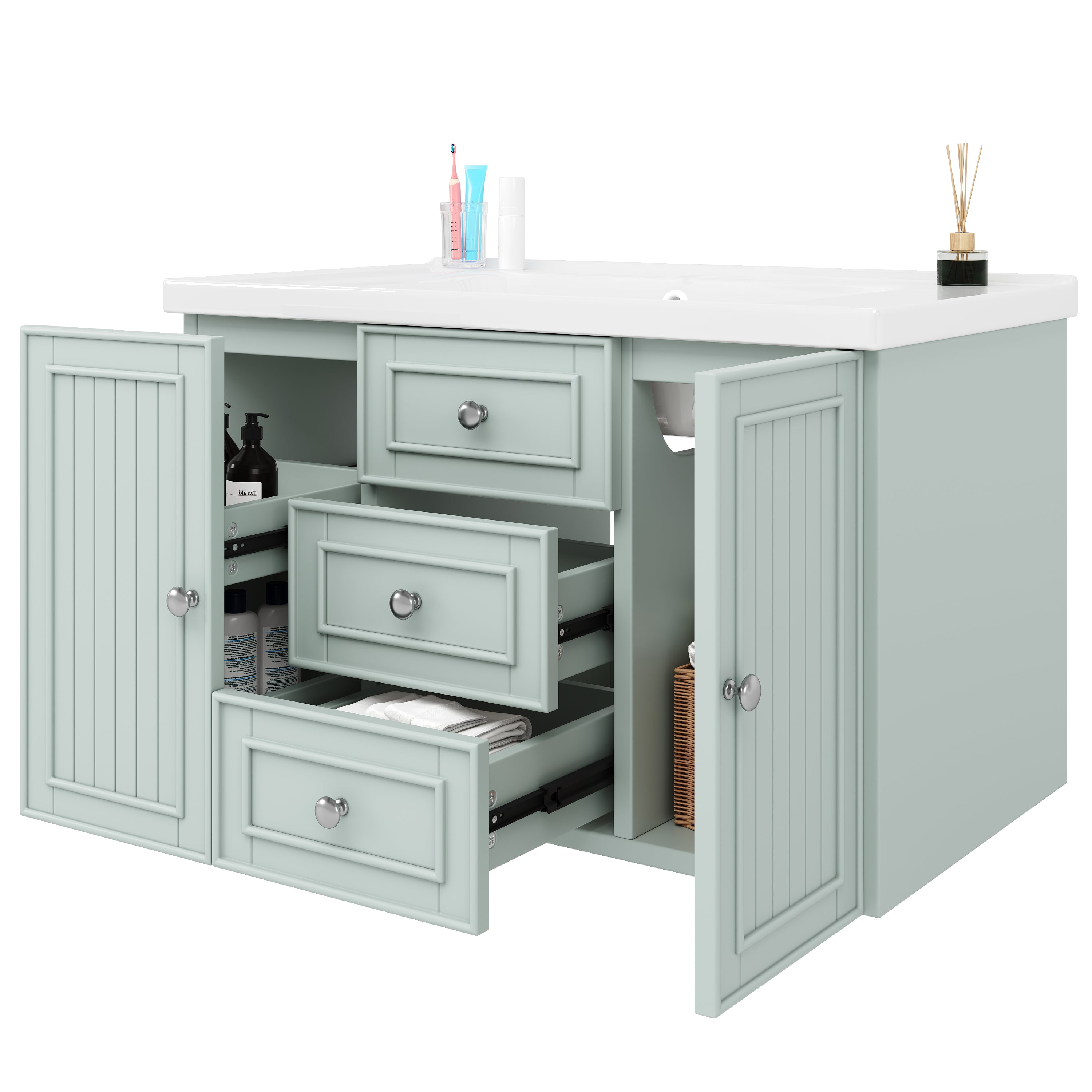 Wall-Mounted Vanity Unit with Sink & 3 Drawers 78.5x46.8cm - Green