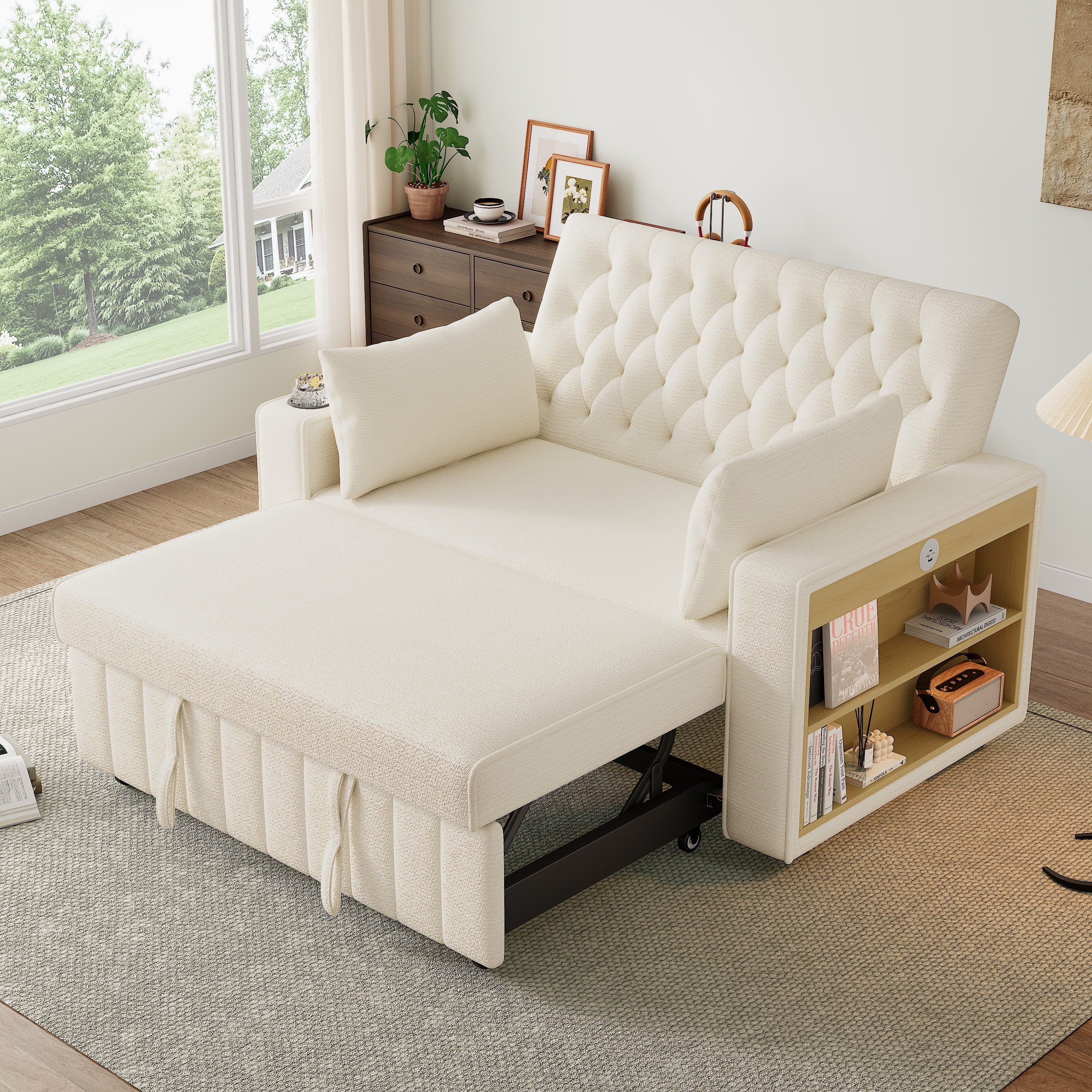 Sofa Bed, Modern Folding with Storage, Cup Holder, USB, Beige