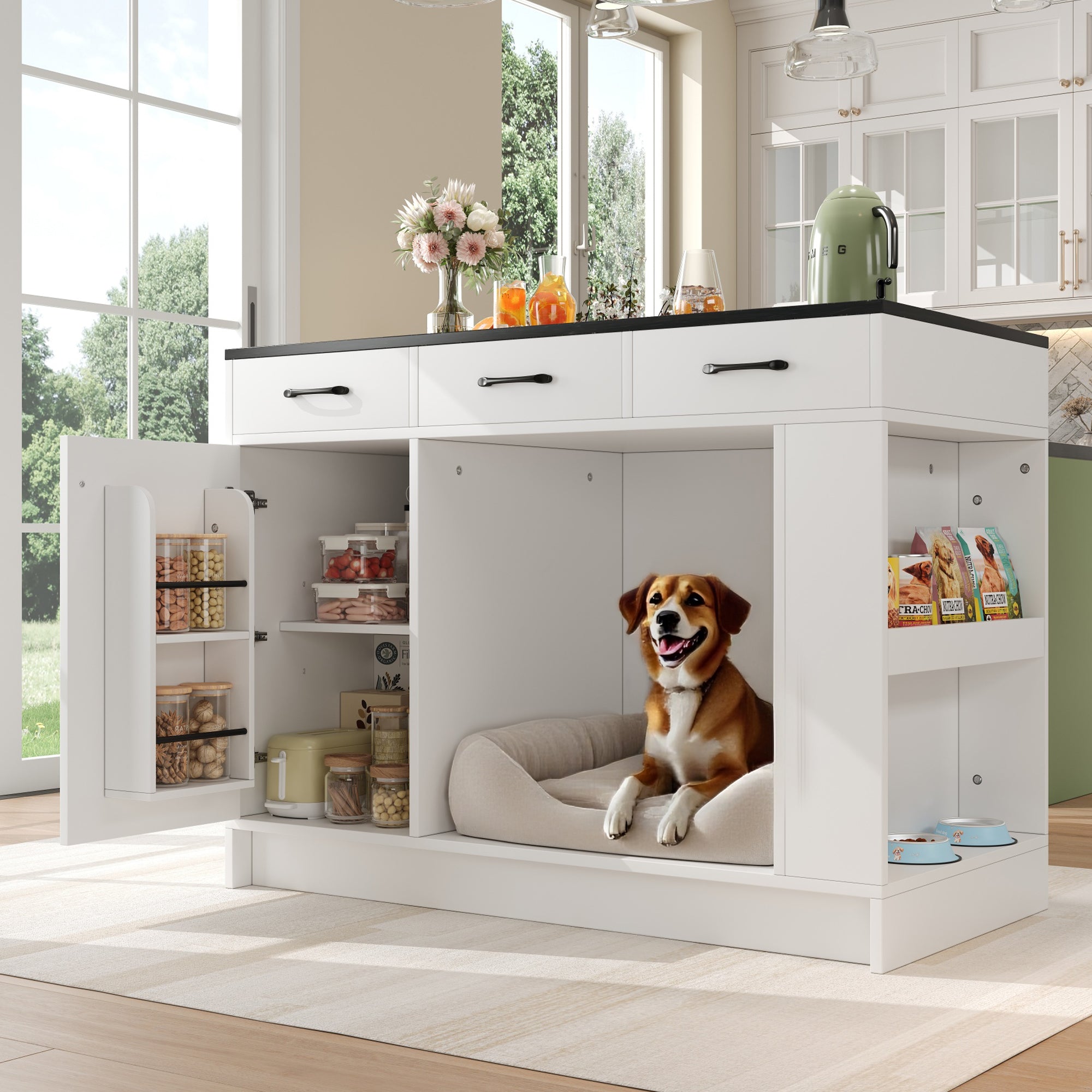 Kitchen Island with 3 Drawers Spice Rack Adjustable Shelf Pet Storage 120x60x90cm - White