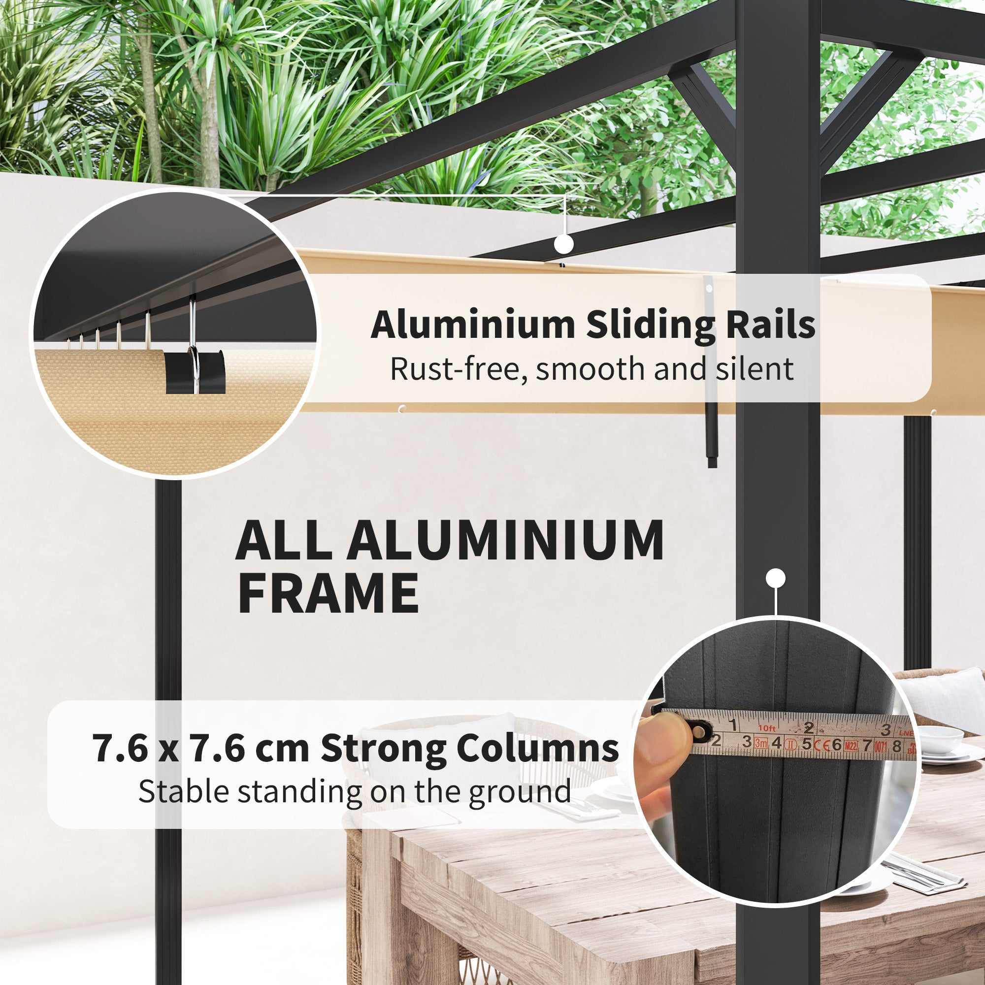 3 x 3m Aluminium Pergola with Retractable Roof and Wall - Khaki