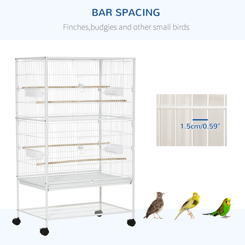 Large Bird Cage for Finch Canaries Parakeet with Rolling Stand, Slide-out Tray, Storage Shelf, Food Containers, White