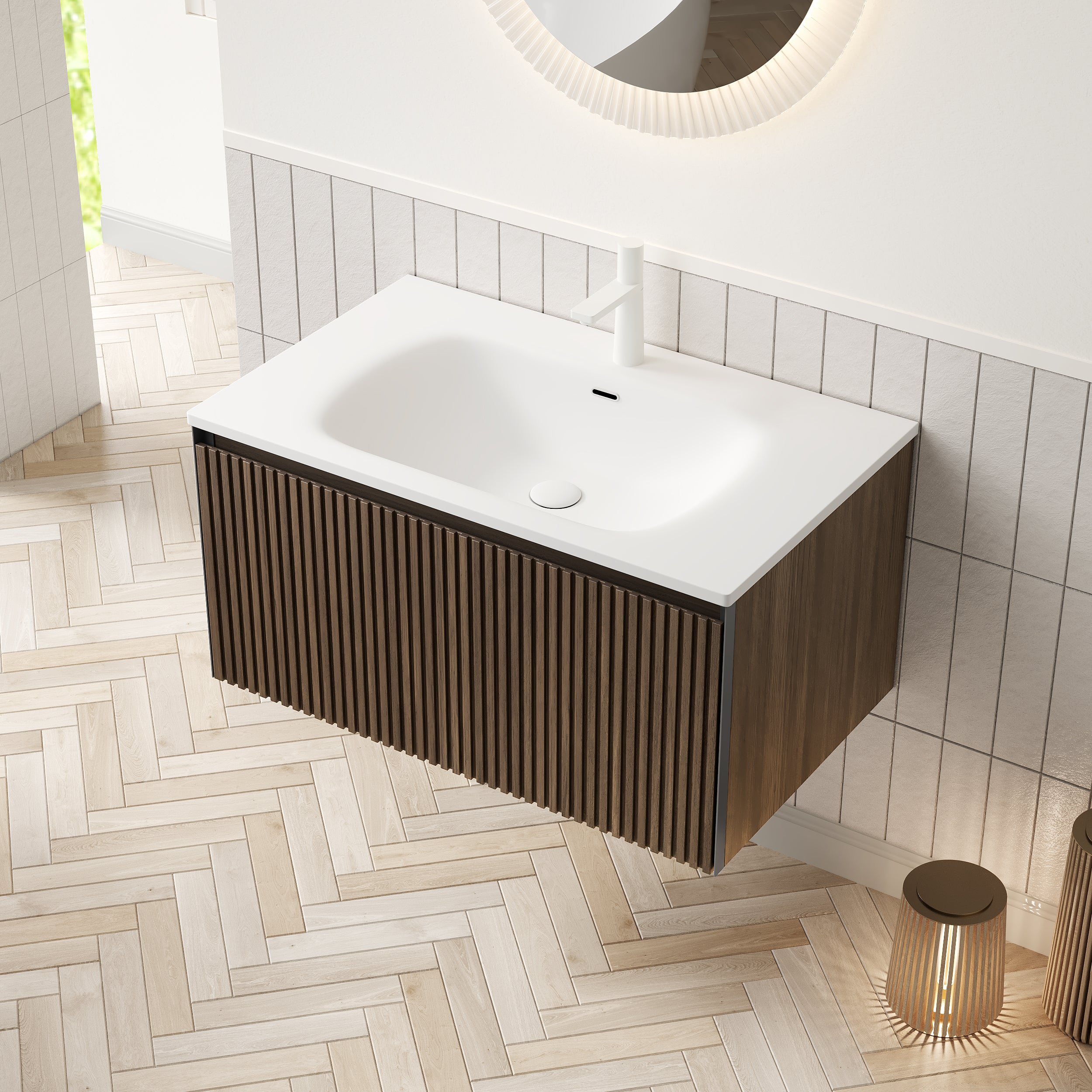 Wall-mounted Bathroom Vanity Unit with Artificial Stone Sink and Drawer, Brown Oak Grain Plywood