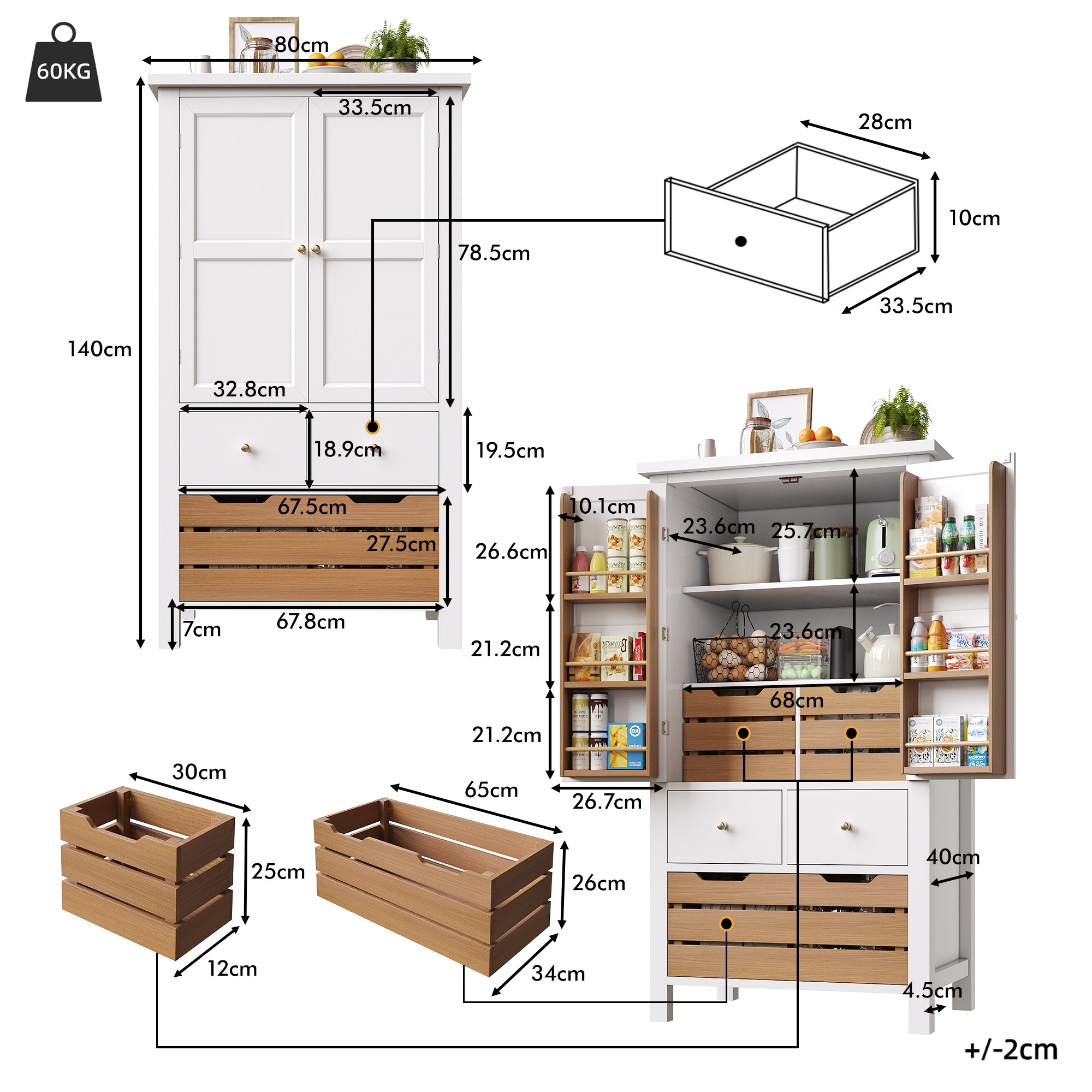 Tall Kitchen Cabinet Buffet 80x140cm Multi-Purpose Storage with 2 Doors & 5 Drawers Black/White