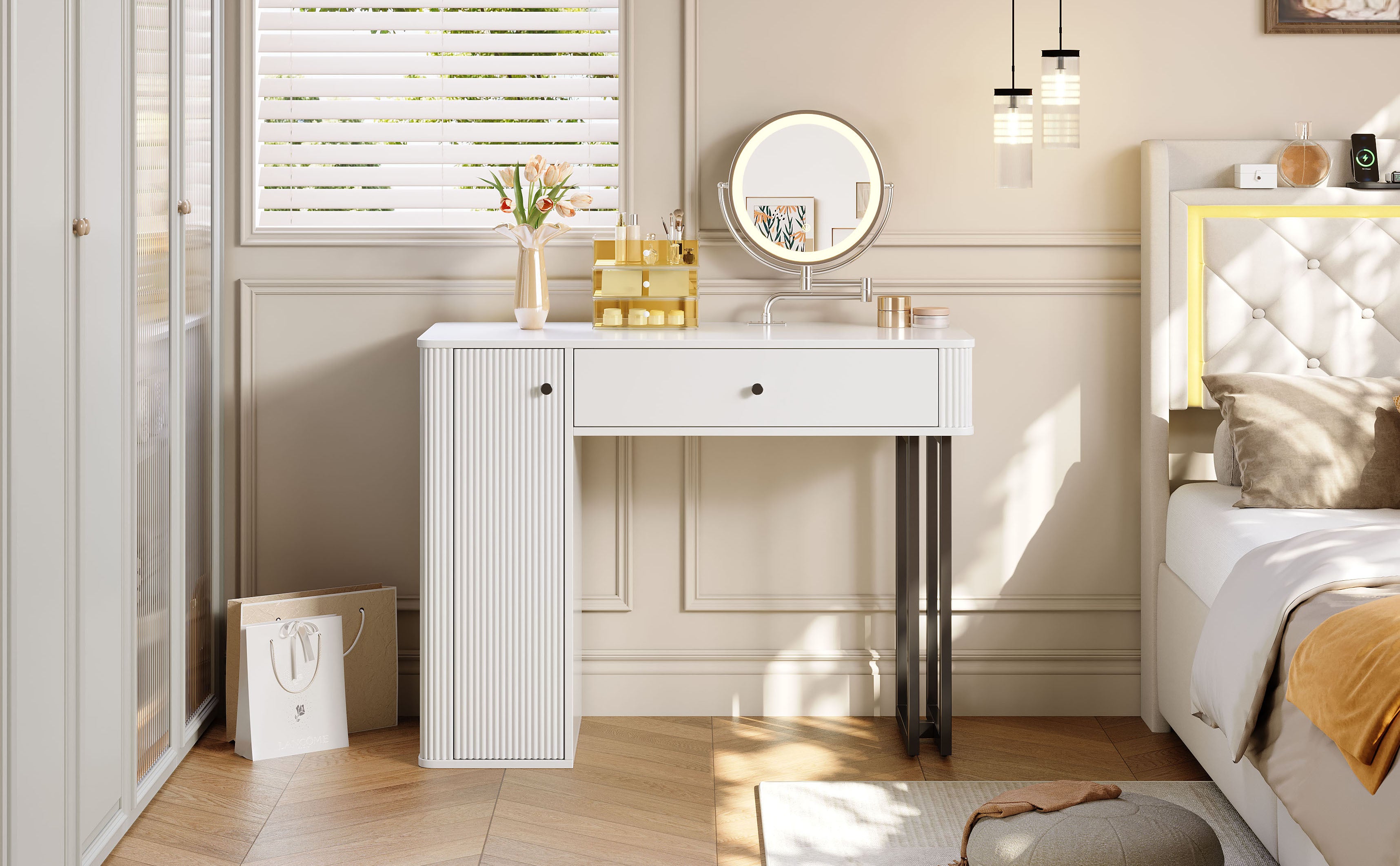 Dressing Table with LED Mirror, 1 Drawer, 1 Door, 3-Color Lighting, White