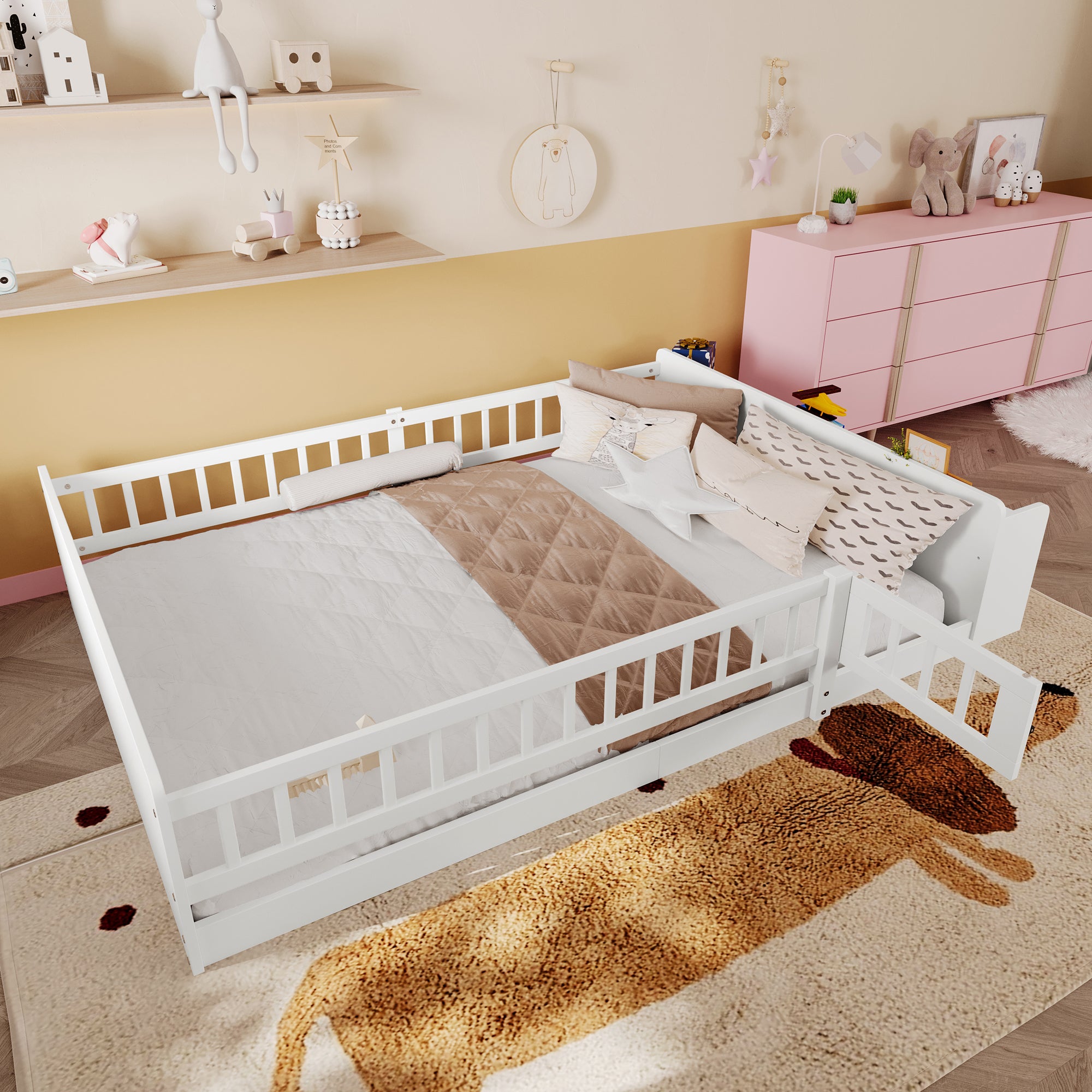 Wooden Children's Bed 140x200cm Open Storage Shelves Pine Wood - White