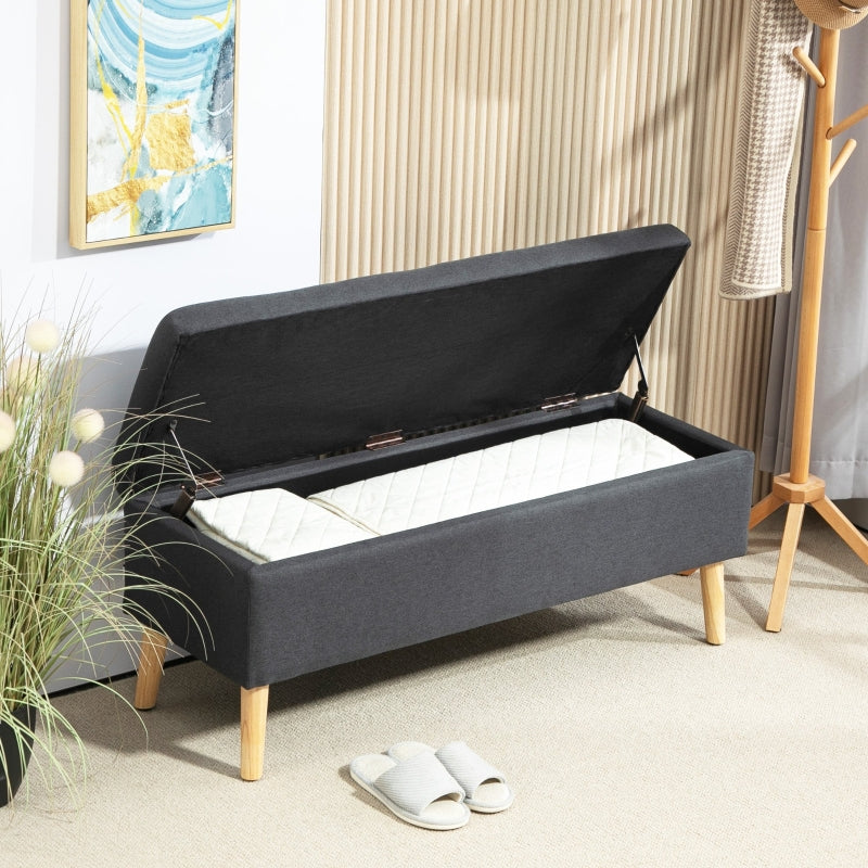 Upholstered Bench with Storage, Linen-Look Bed Bench, Dark Grey
