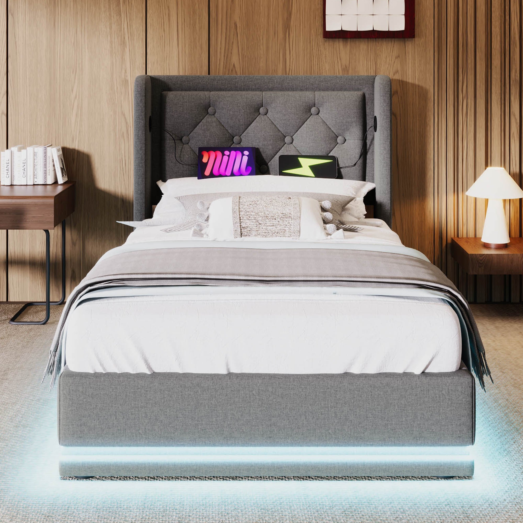 Upholstered Single Bed, Hydraulic Storage with USB & LED, Gray Cotton