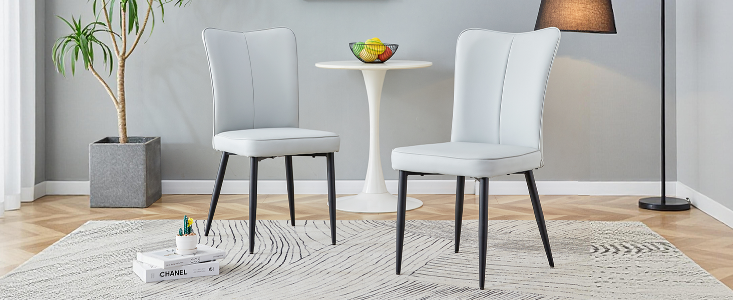 Dining Chairs, Set of 2 Modern 89cm High, Black Metal Legs, Light Grey PU