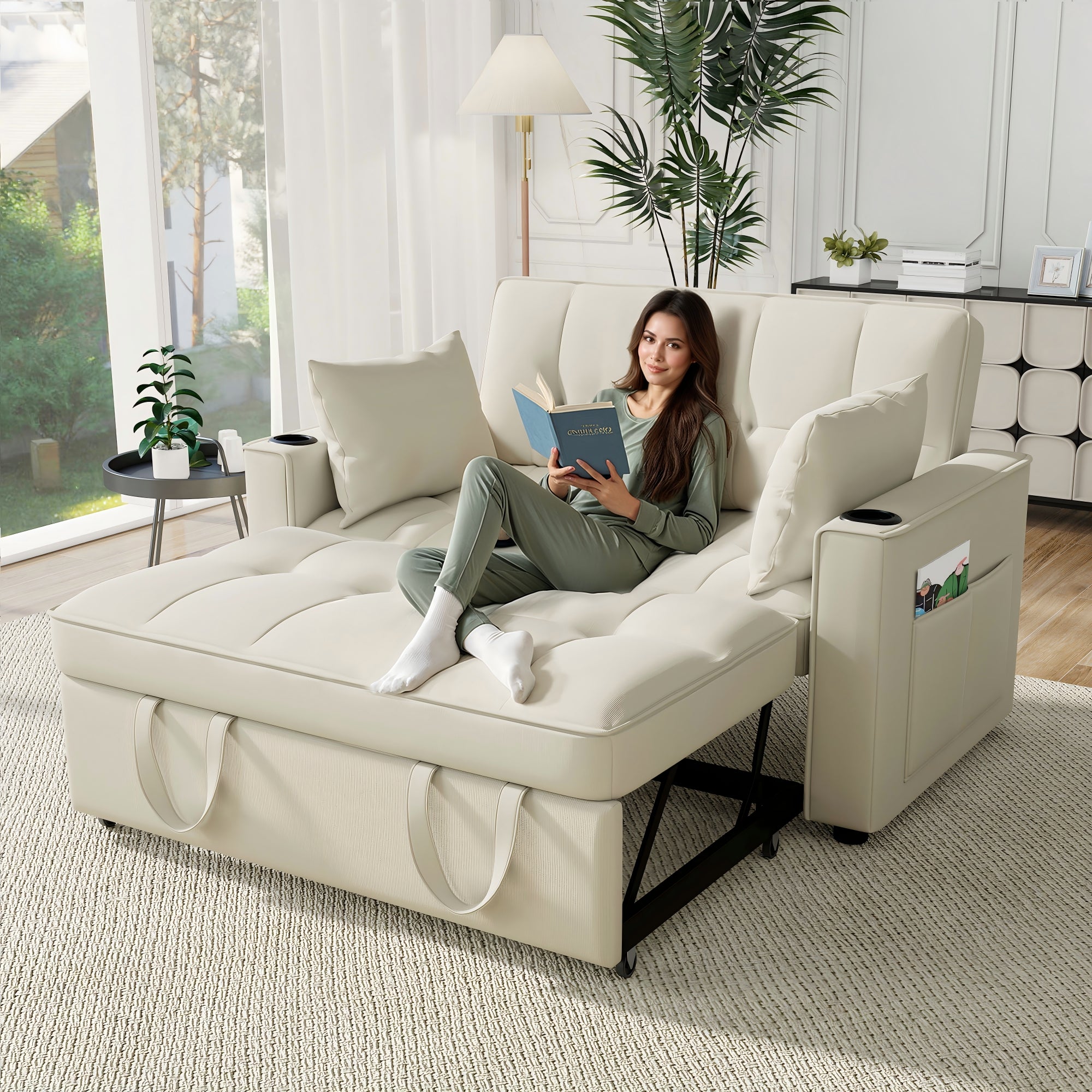 Folding Sofa Bed, Multifunctional with Cup Holder & Pillow, for Living Room, Bedroom, Home Theater