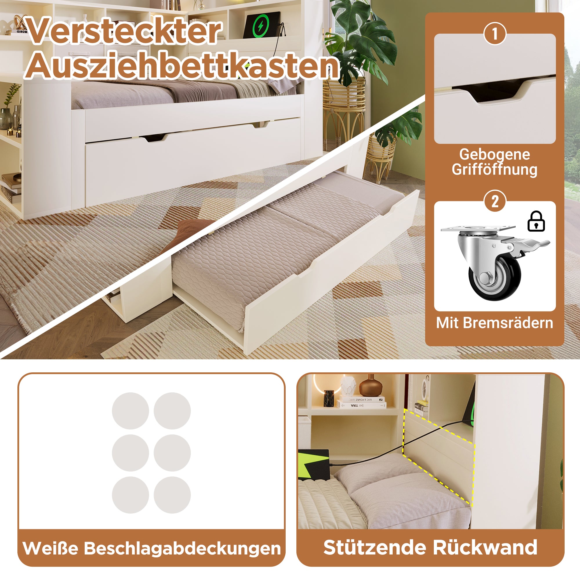 Single Bed with Pull-Out Bed, Shelves and USB Charging, White