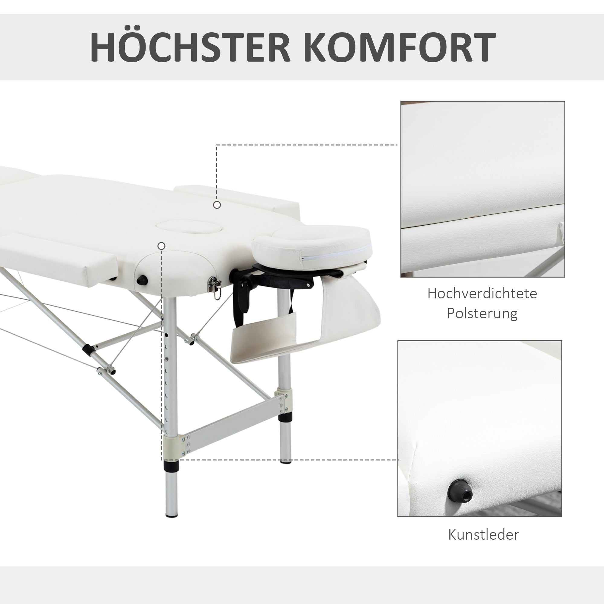 Foldable massage table, height-adjustable with pillow, white plastic & aluminum