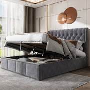 Upholstered Bed, Super King Size (180x200cm) with Hydraulic Lever & Rivet Decoration, Velvet Grey