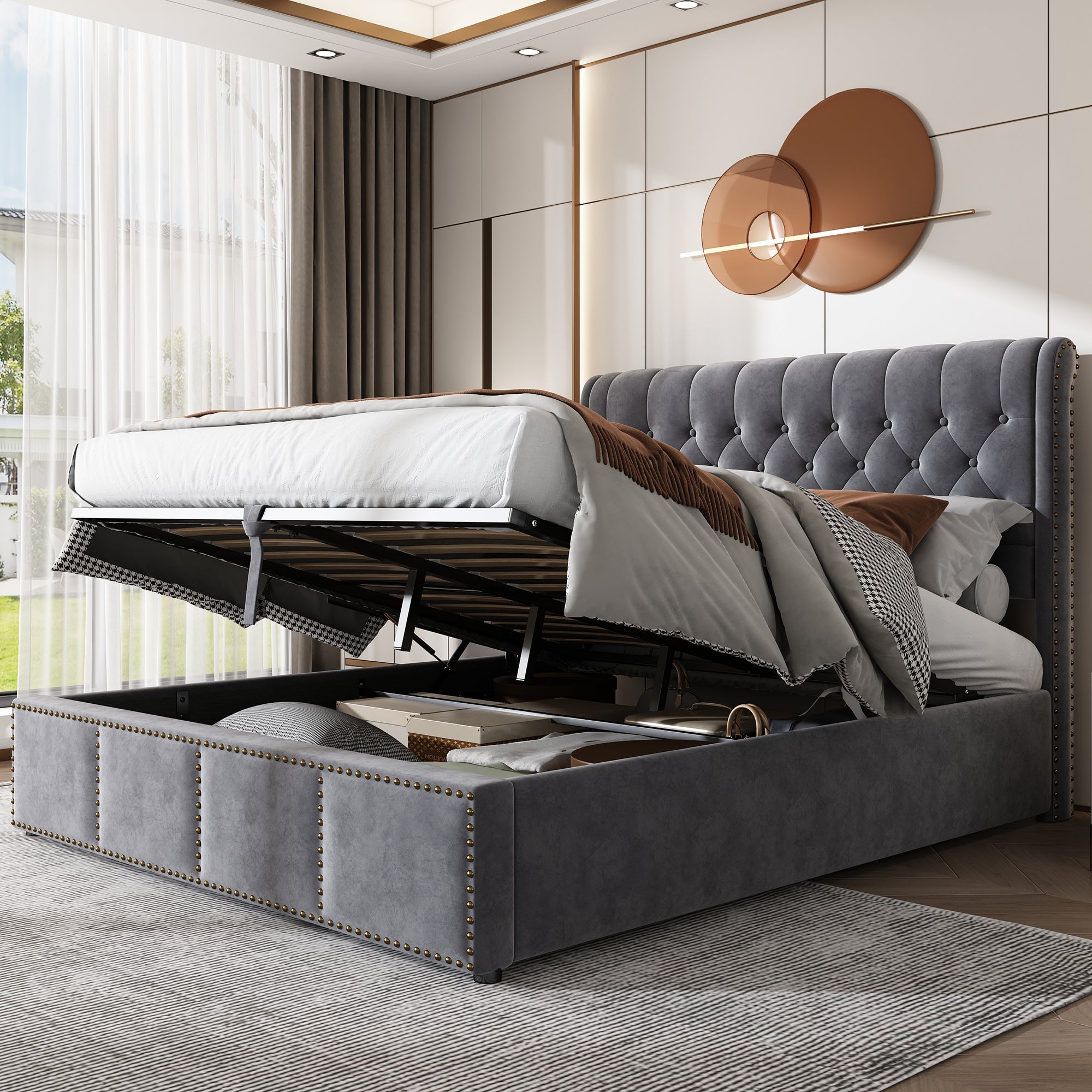 Upholstered Bed, Double 4ft6 (135x190cm) with Hydraulic Lever, Storage & Rivet Decoration, Velvet Grey