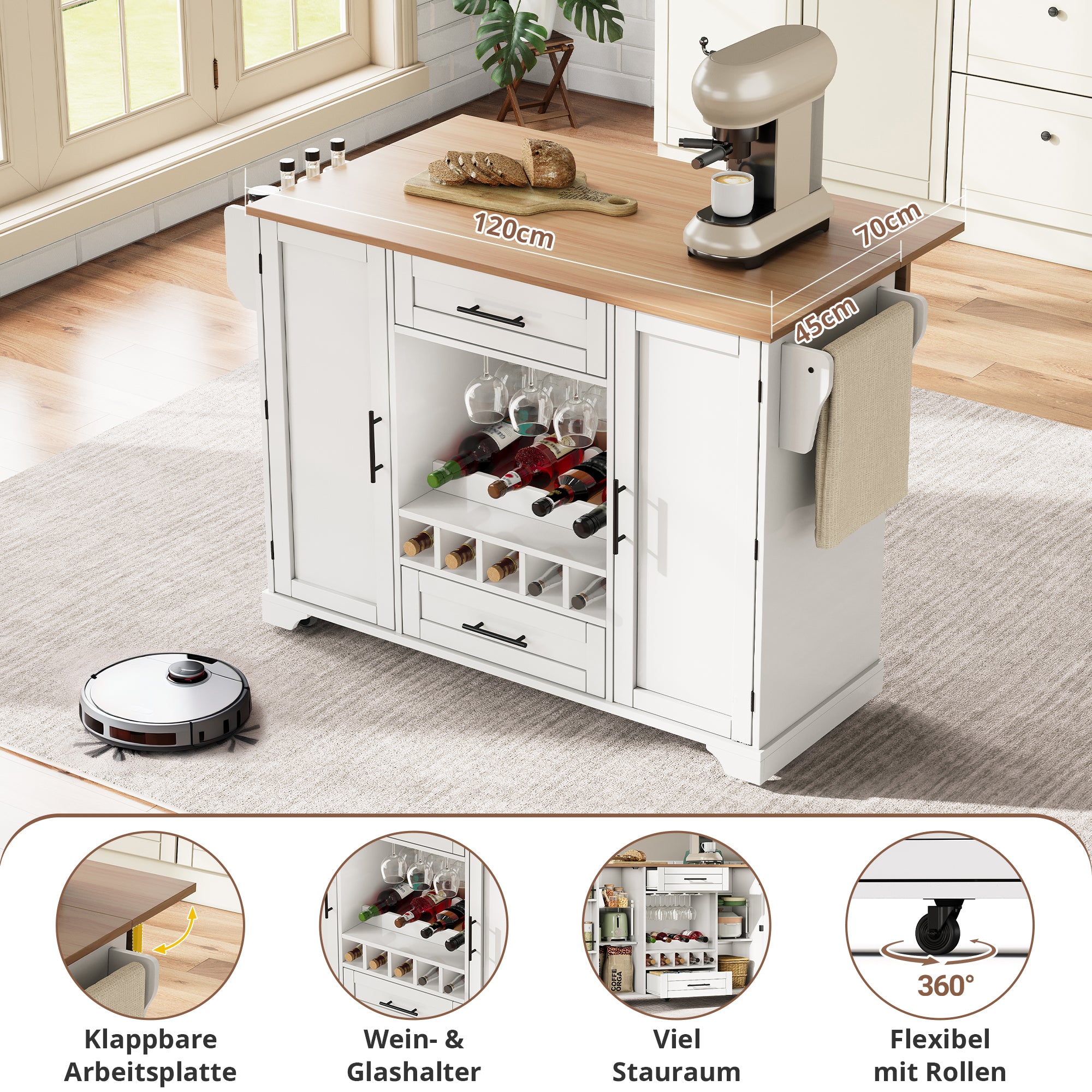 Kitchen Trolley Mobile Folding Worktop Wine Rack Storage - White