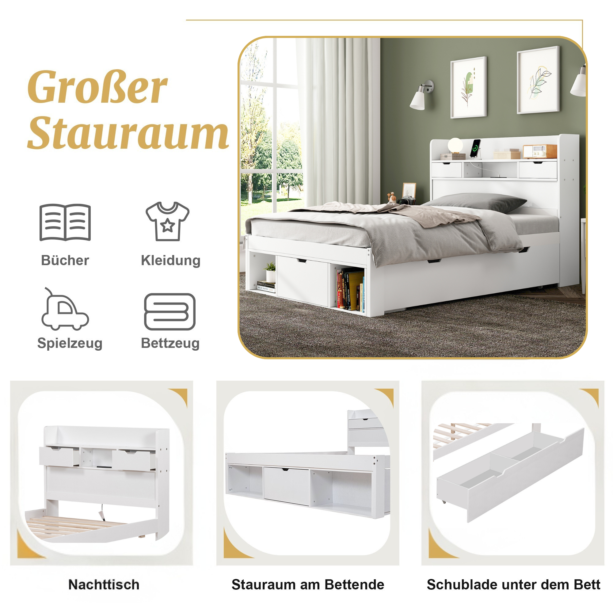 Single Bed with USB Port, Drawers and Storage Cabinet, White