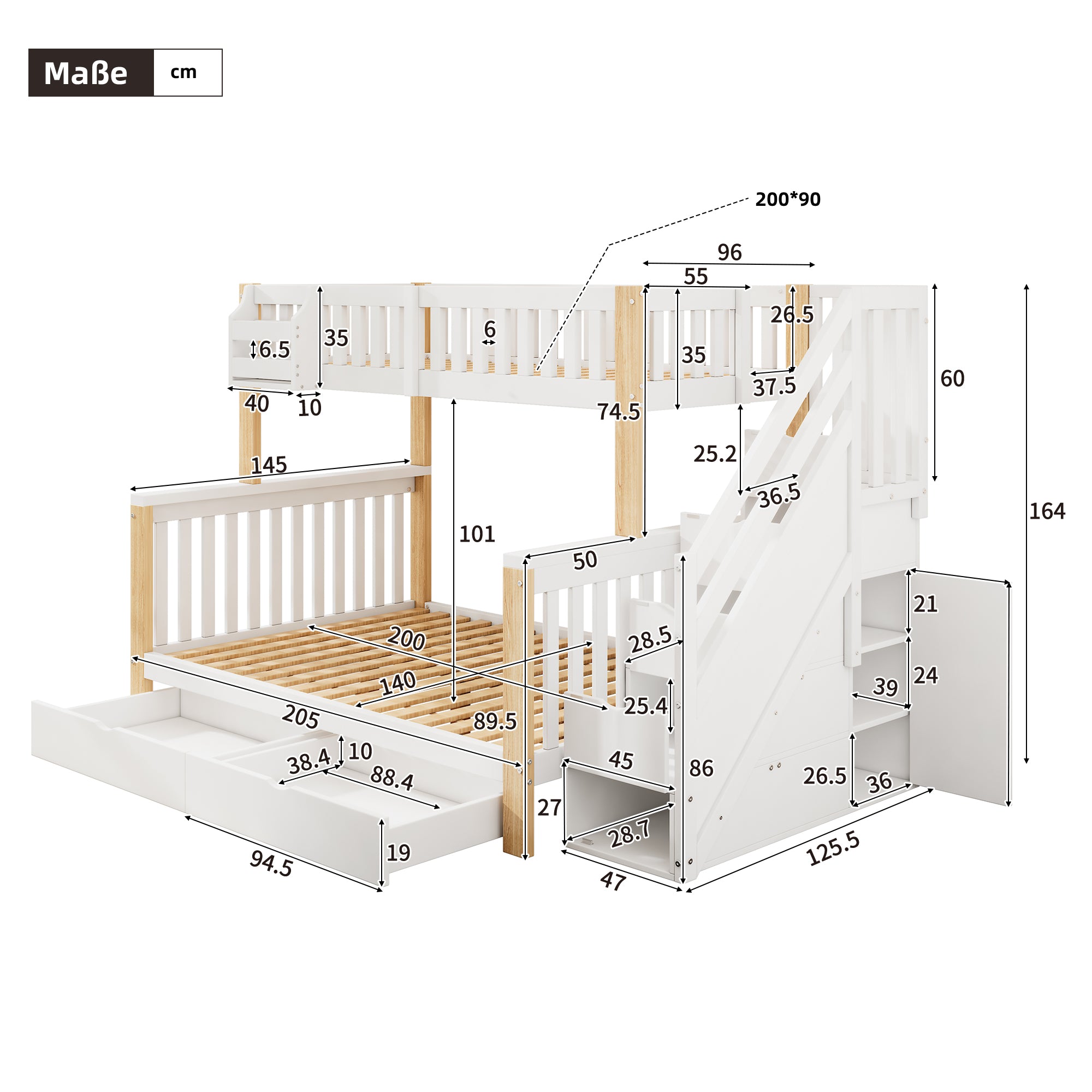 Children's Bunk Bed, Multifunctional Double Bed with Storage, White + Natural Color