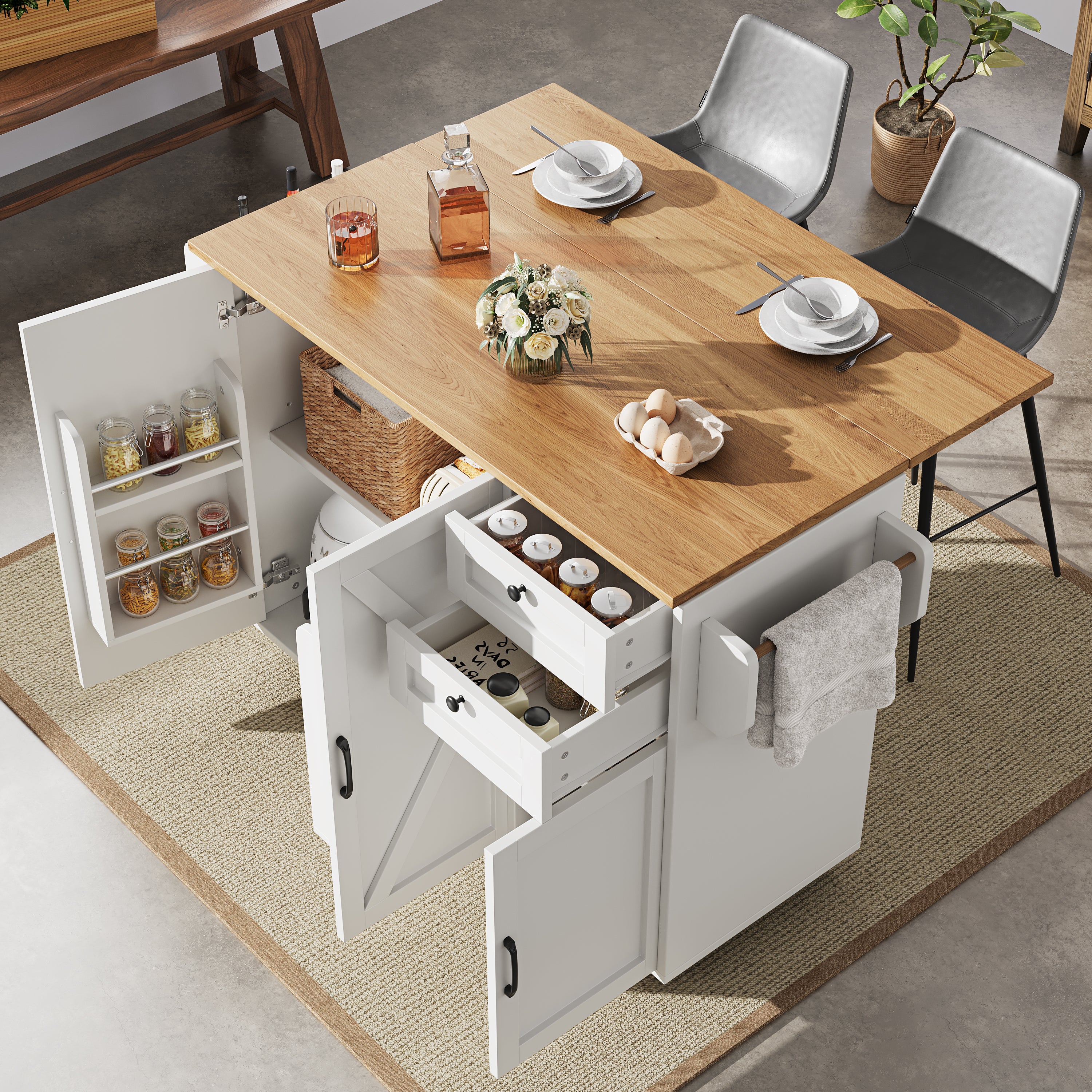 Kitchen Island Sideboard Multifunctional Dining Table Storage Wood Grain - White