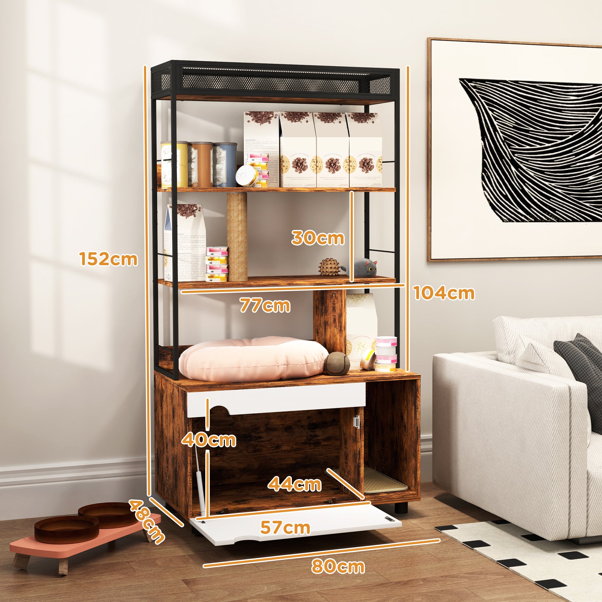 Cat Litter Cabinet, 2-in-1, 3-Tier Shelf, Scratching Post, Rustic Brown