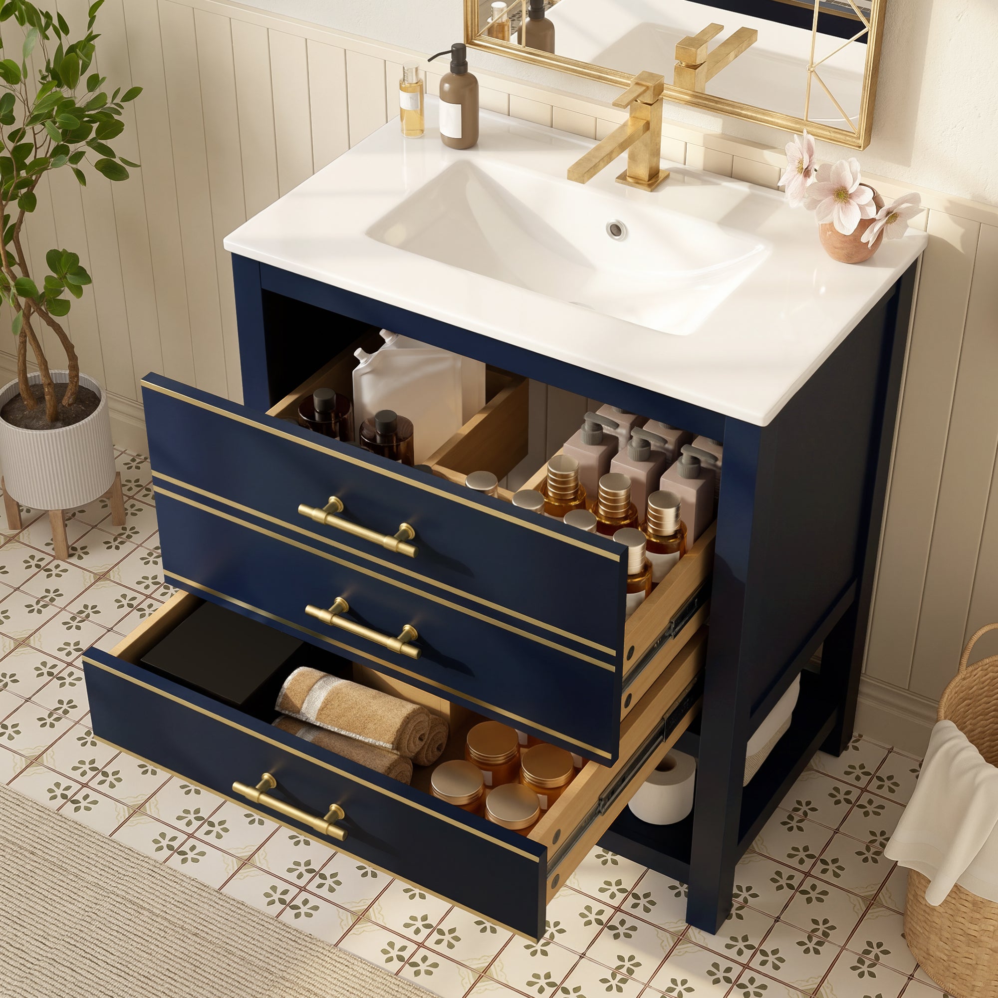 Bathroom Vanity Unit with Ceramic Sink and 2 Drawers, White and Gold