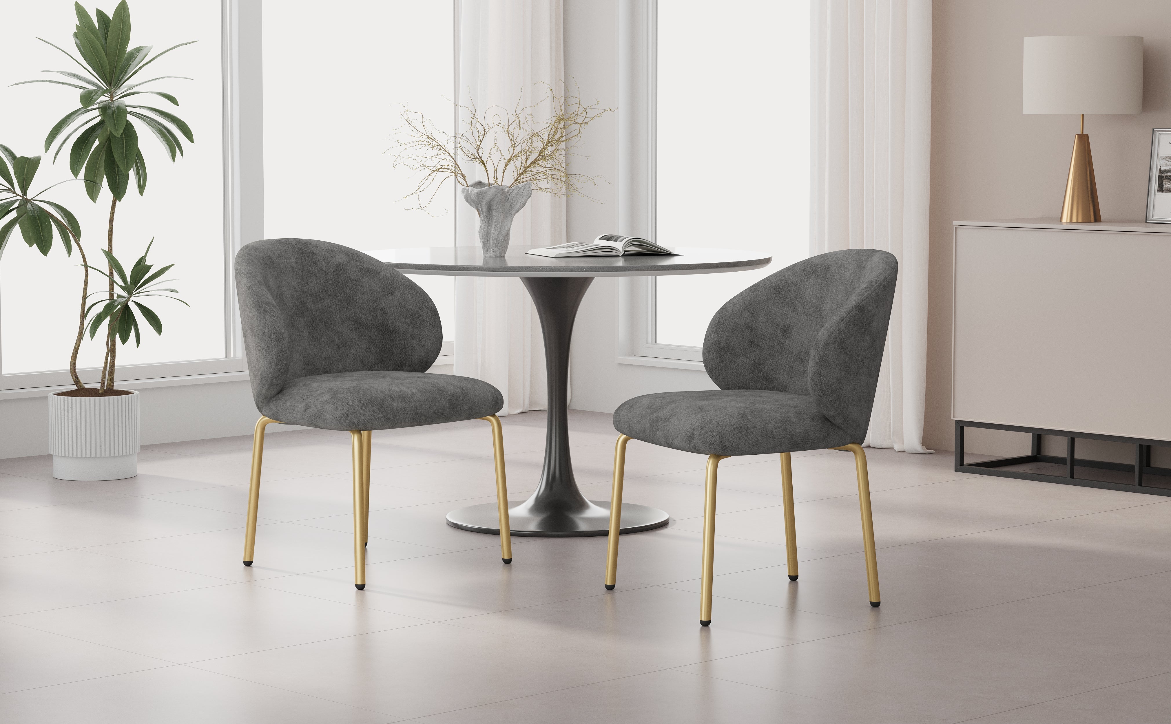 Dining Chairs and Lounge Chairs with Gold Legs, Set of 2, Grey Chenille