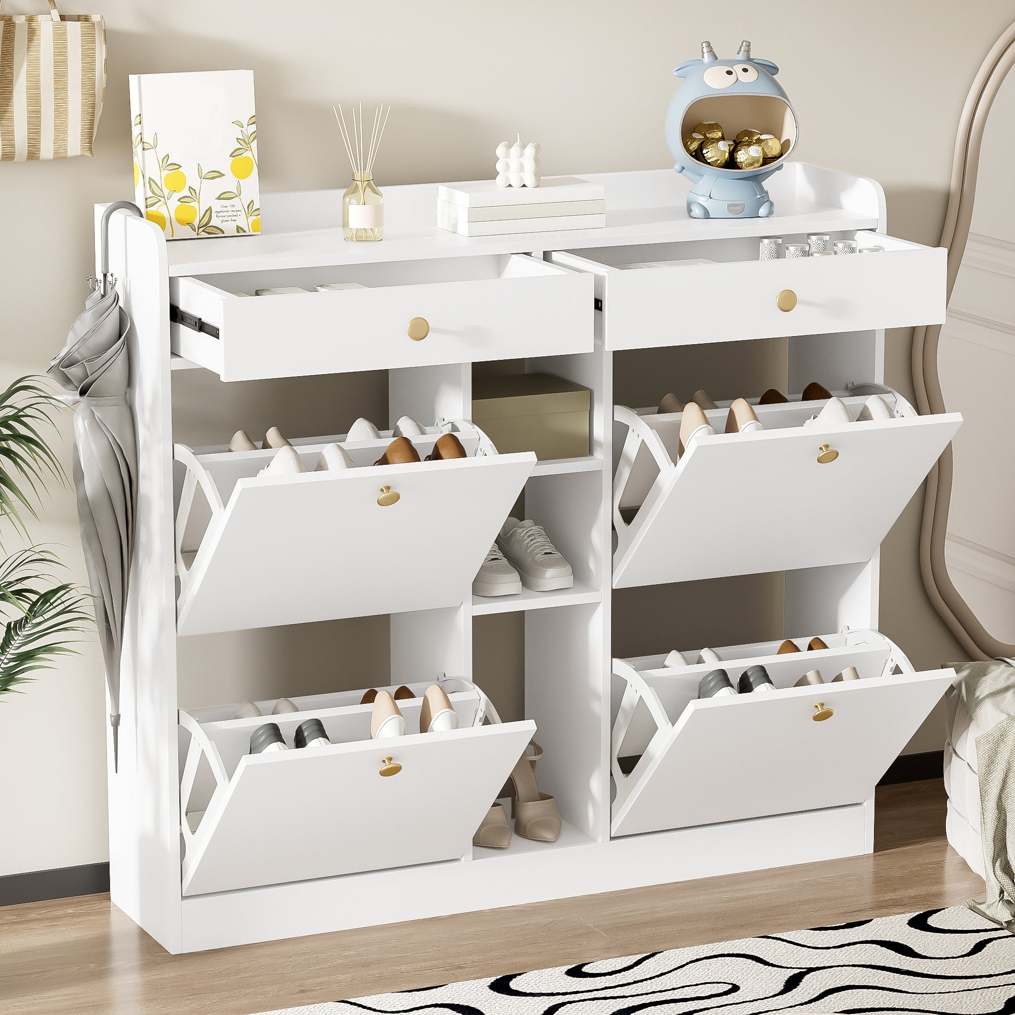 Shoe Cabinet with 4 Hinged Doors, 2 Drawers, 3 Open Compartments, White