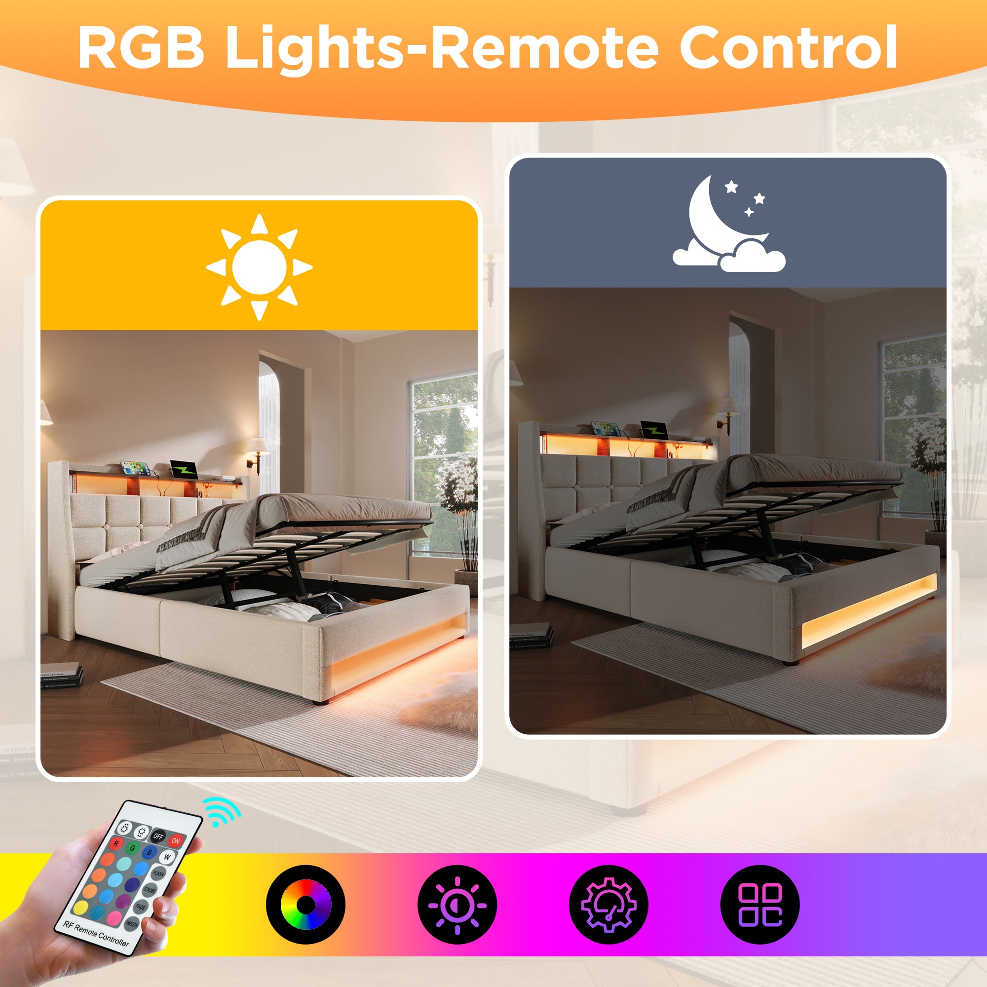 Upholstered Double Bed 150 x 200 cm with LED Lighting, USB Type-C Charging, Storage Headboard, 5FT King Size, Linen, Beige