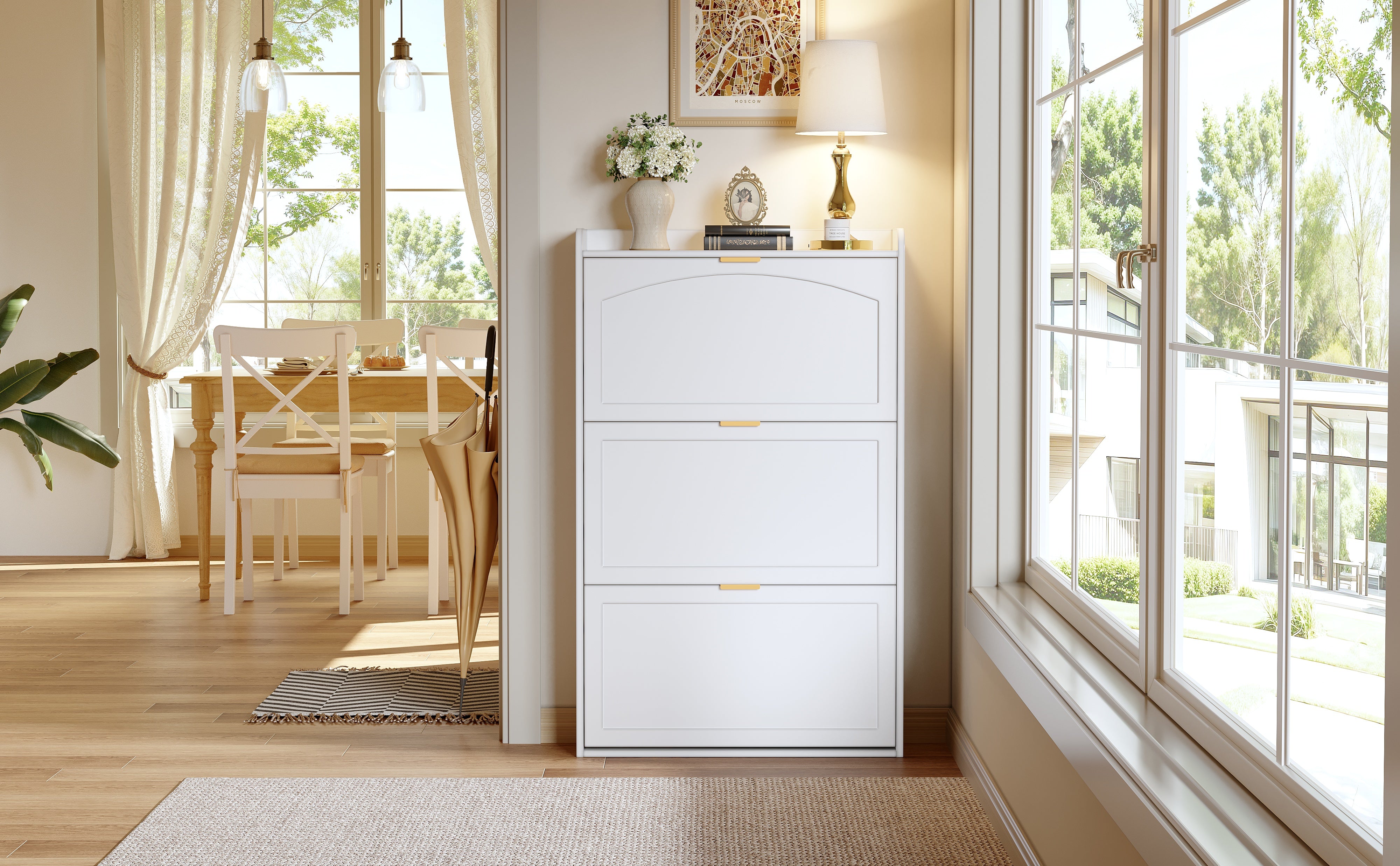 Narrow Shoe Cabinet, 3 Flaps Shoe Cupboard, White Particleboard