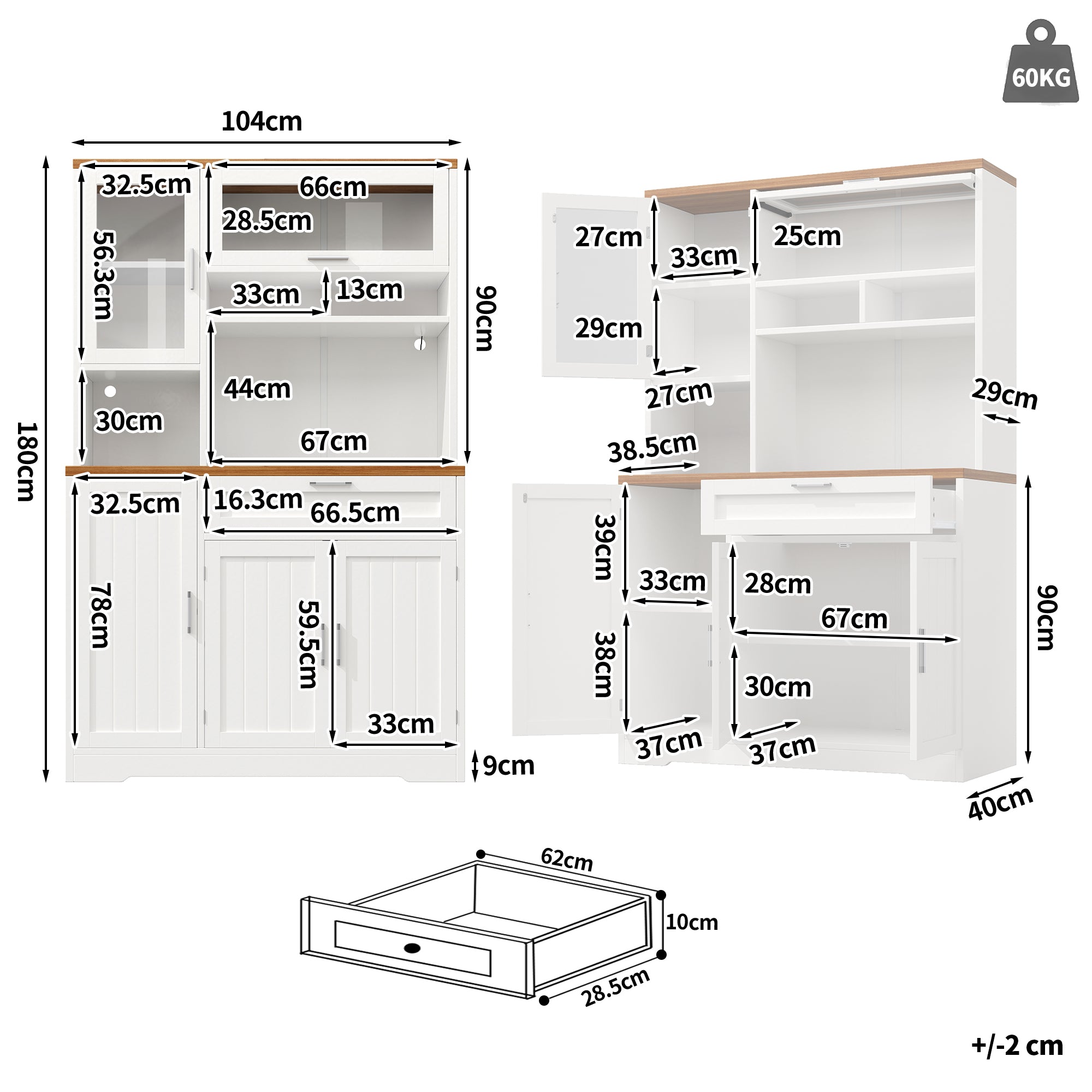Tall Kitchen Cabinet Display Case with LED Lighting and Glass Doors, White and Black