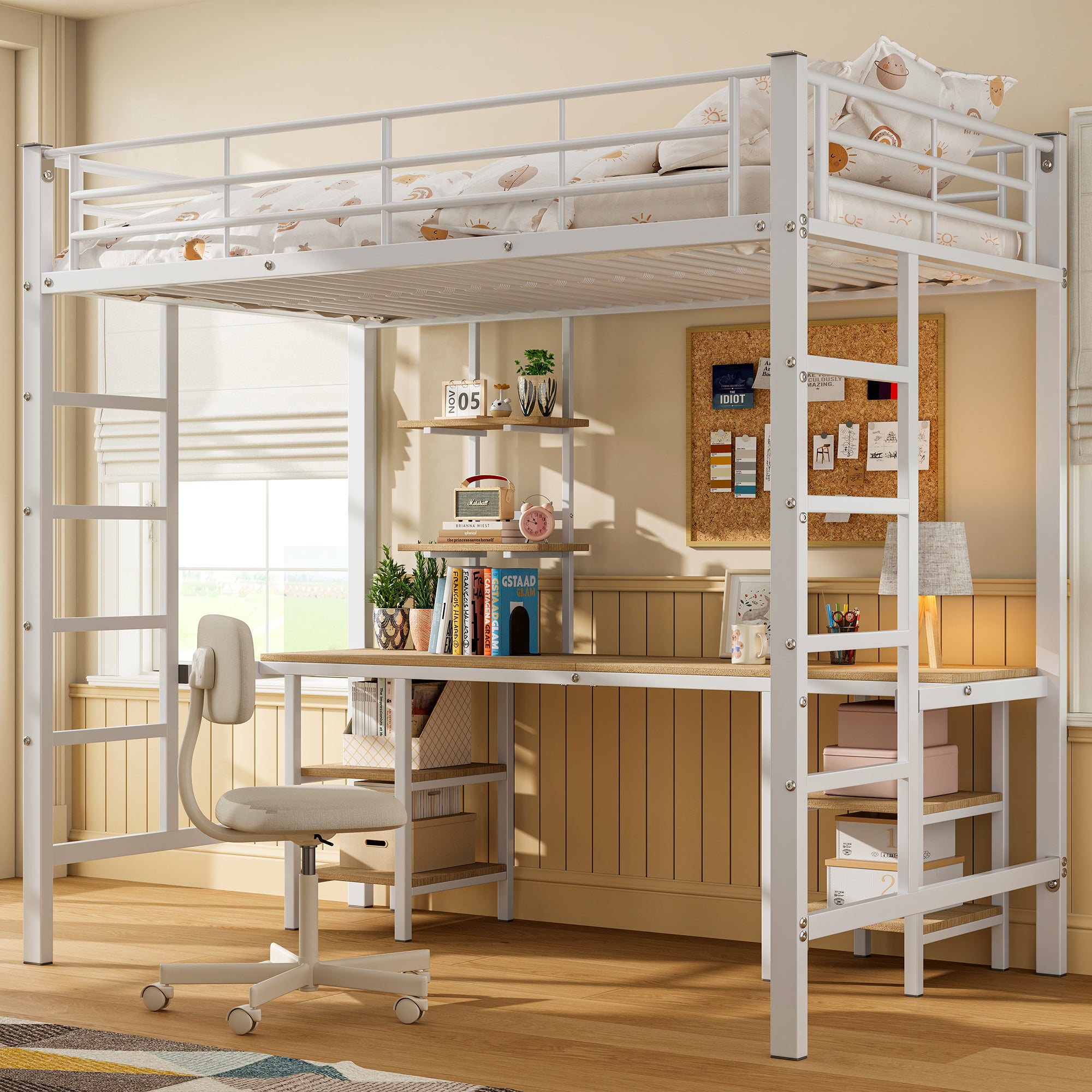 Iron Frame Bunk Bed with Table, Shelves, Safety Rail, 90x200cm, White Iron + MDF