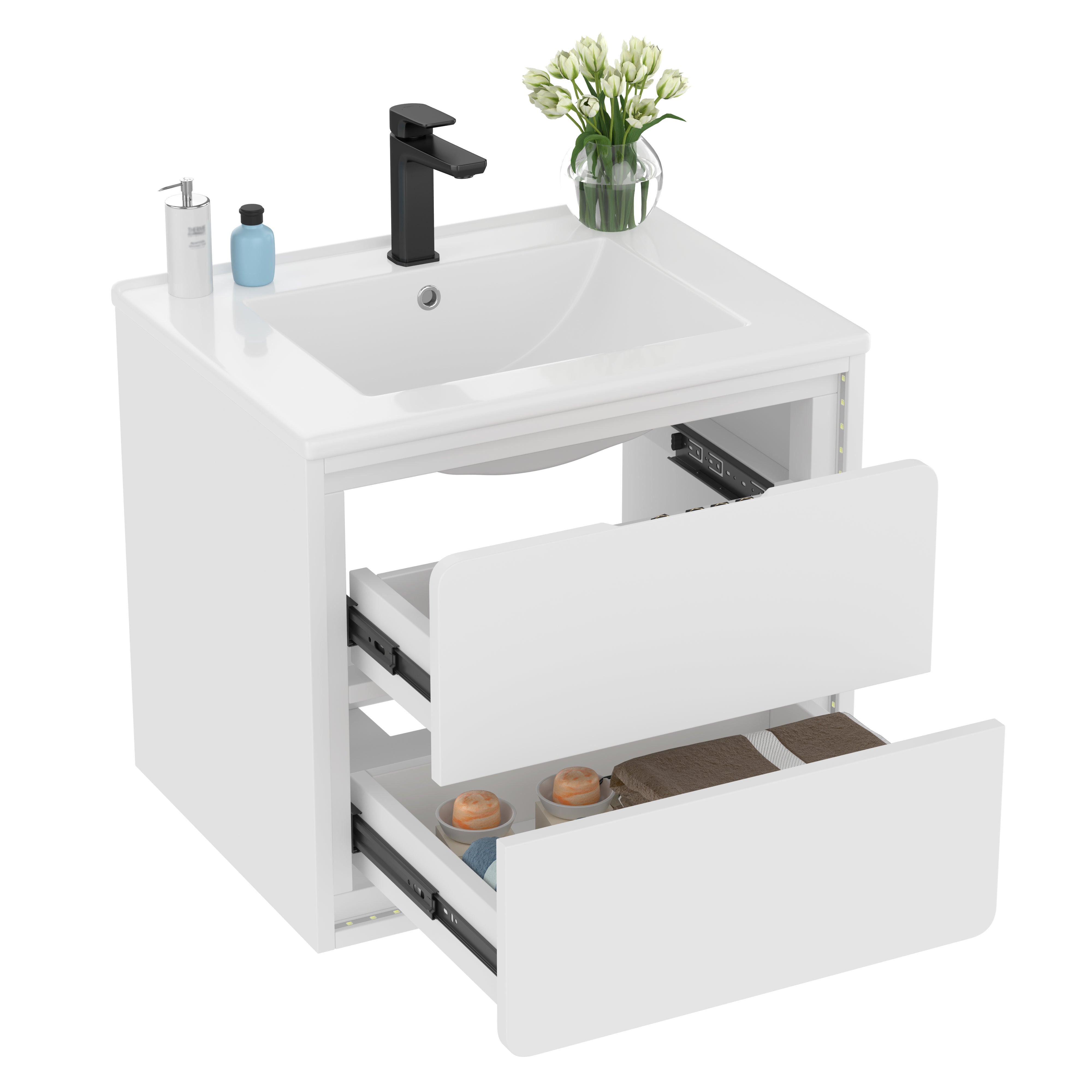 Wall-Mounted Bathroom Vanity Unit with Integrated Sink and LED Radar Sensor Lighting, White