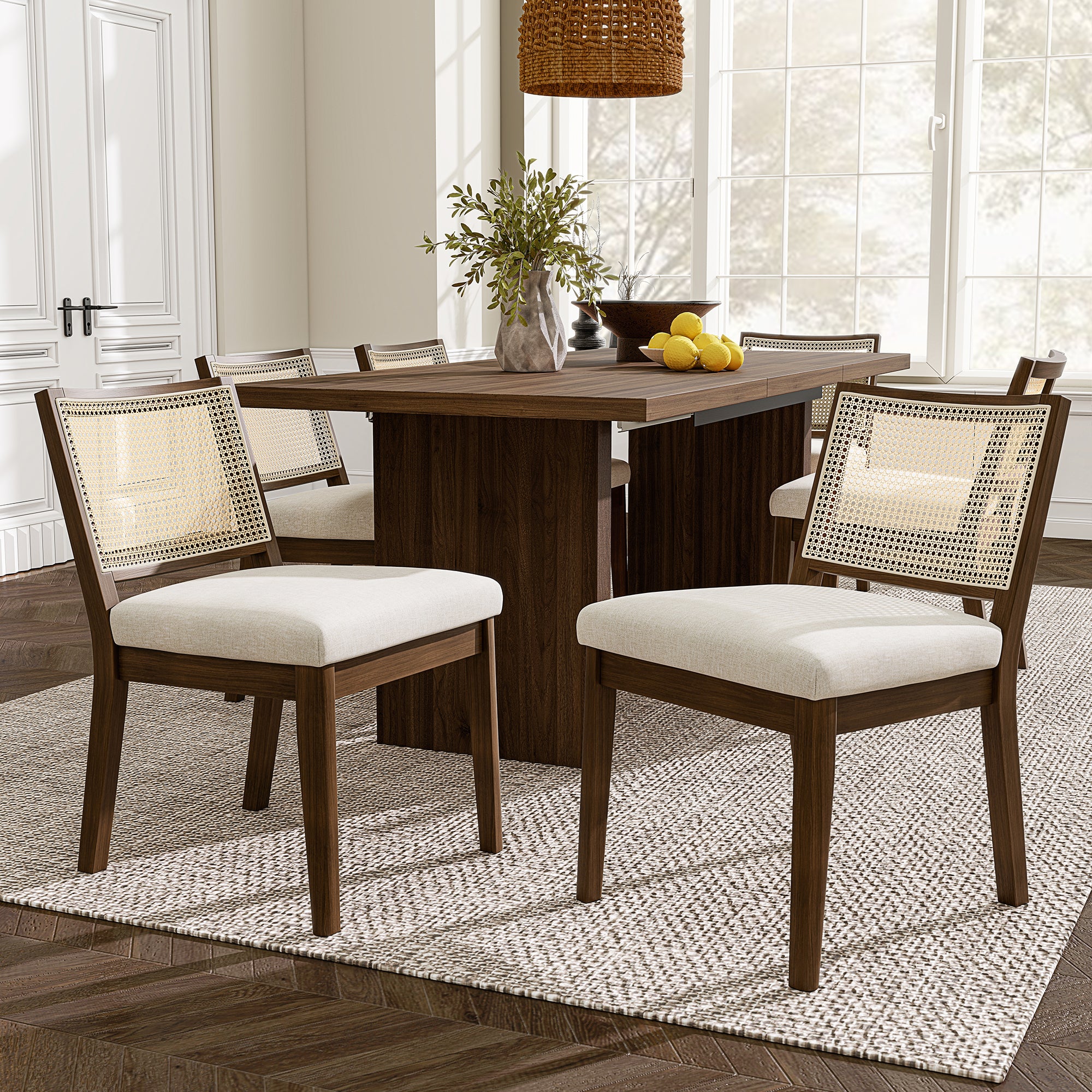 Solid Wood Dining Chairs with Rattan Backrests, Set of 2, Walnut and Linen