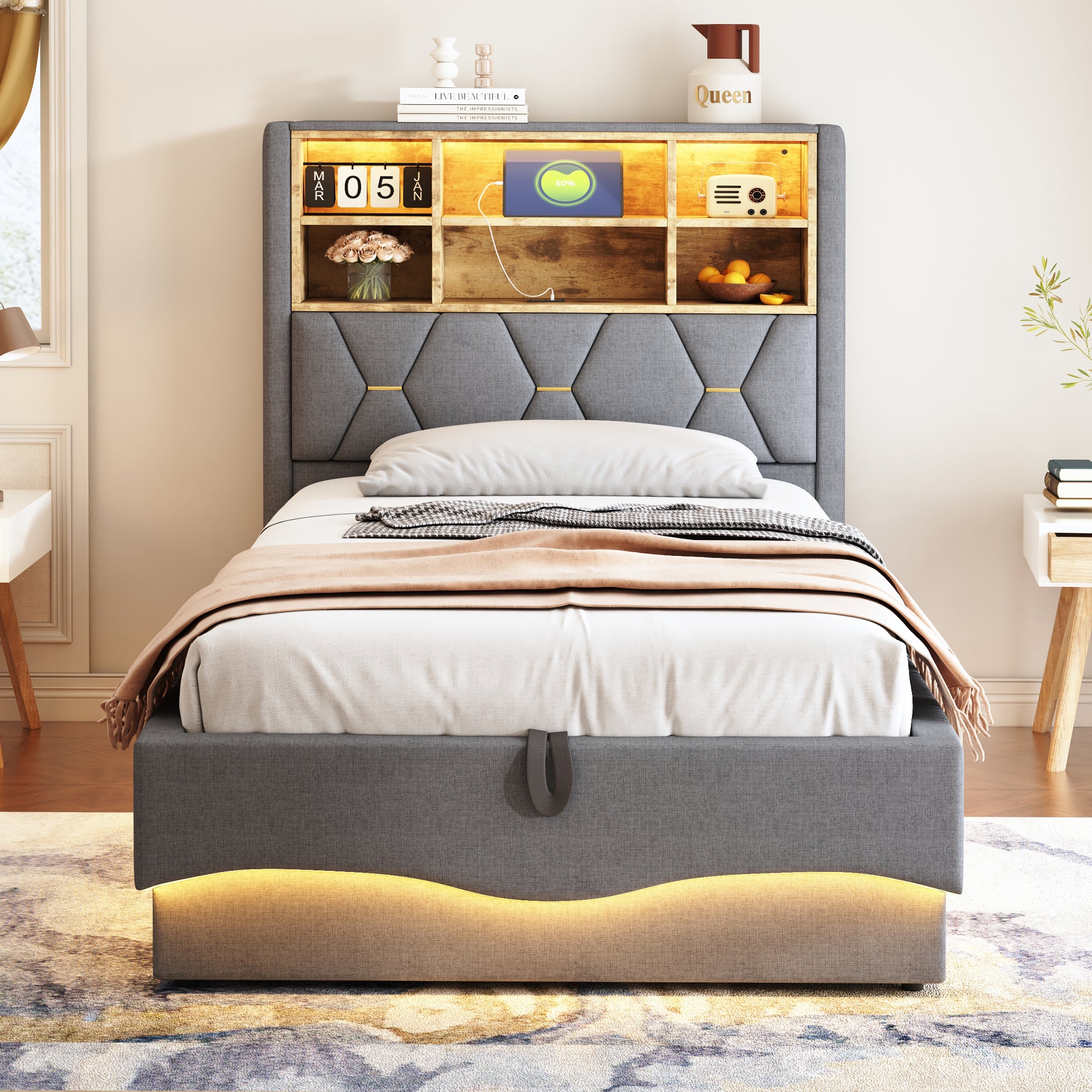 Children's Bed Hydraulic Storage LED USB Metal Frame, Grey Linen