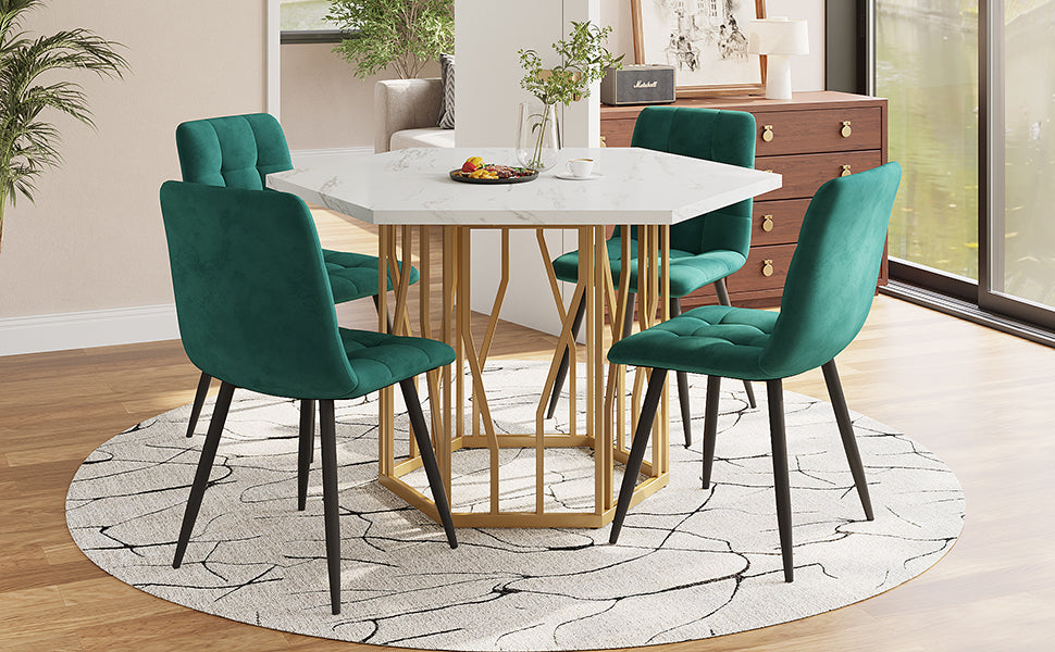 Dining Table and Chair Set (5-Piece), Hexagonal Marble Table with 4 Green Velvet Chairs, Gold Legs