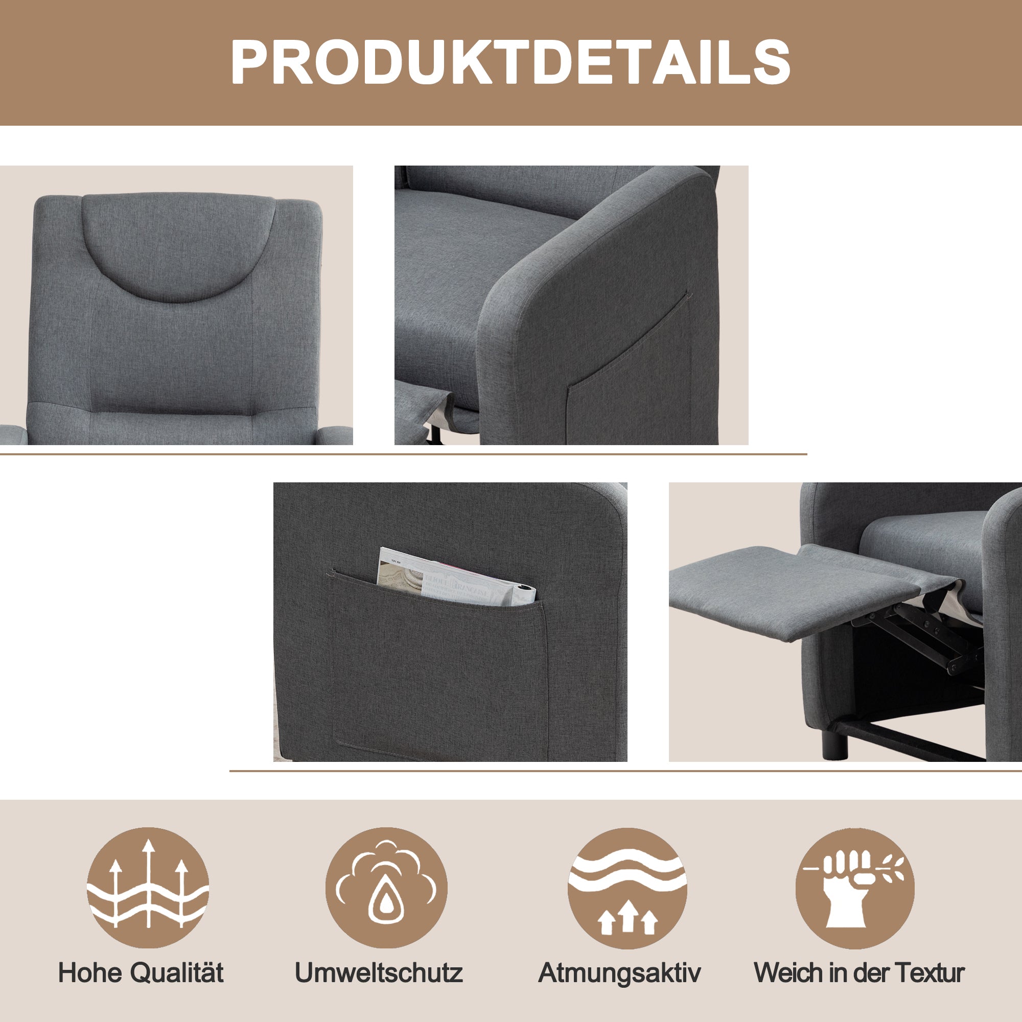 Reclining Armchair, Adjustable Recliner with Reclining Function, Dark Grey