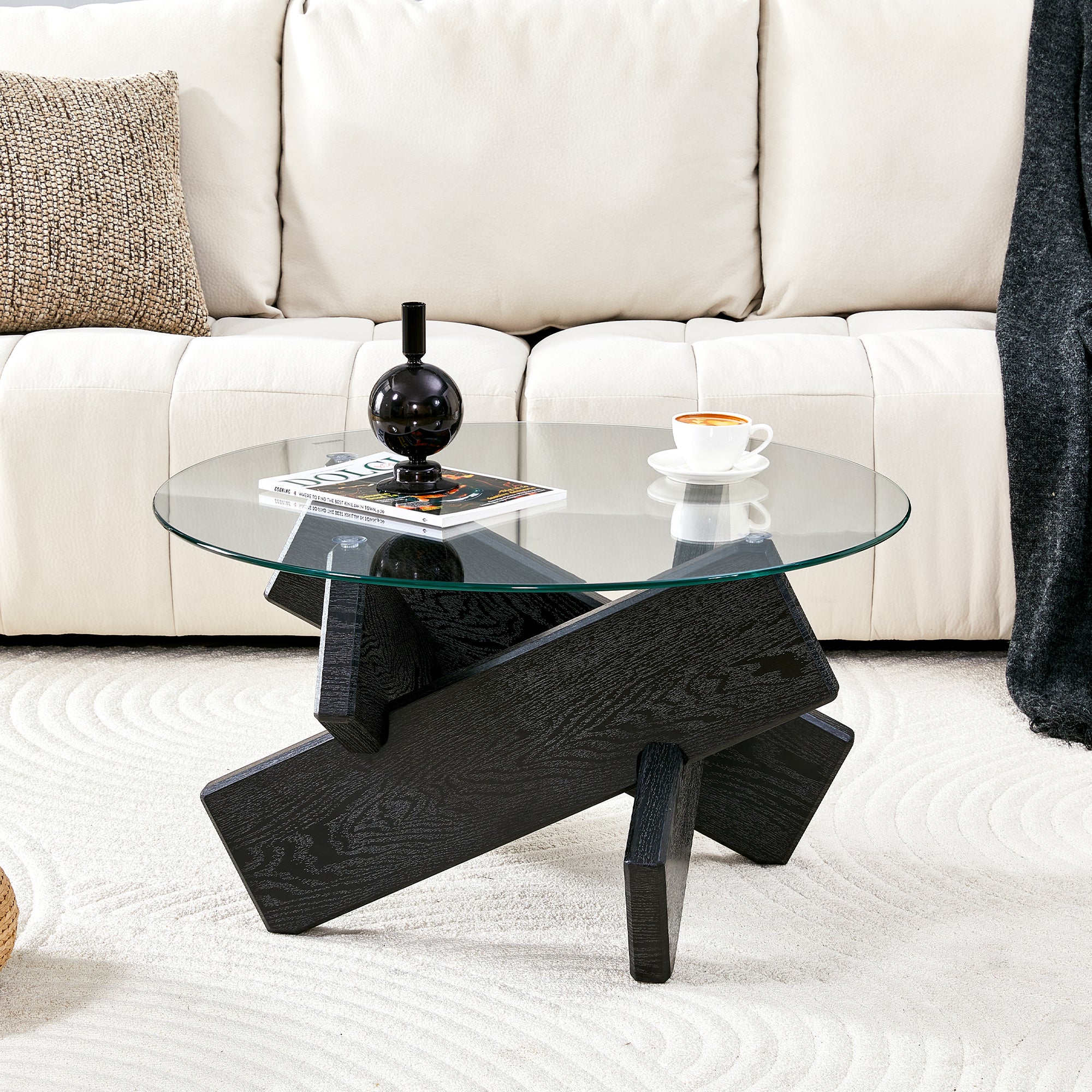 Round Coffee Table 79cm - Tempered Glass Top, Black Wood Grain Legs - MDF/Glass