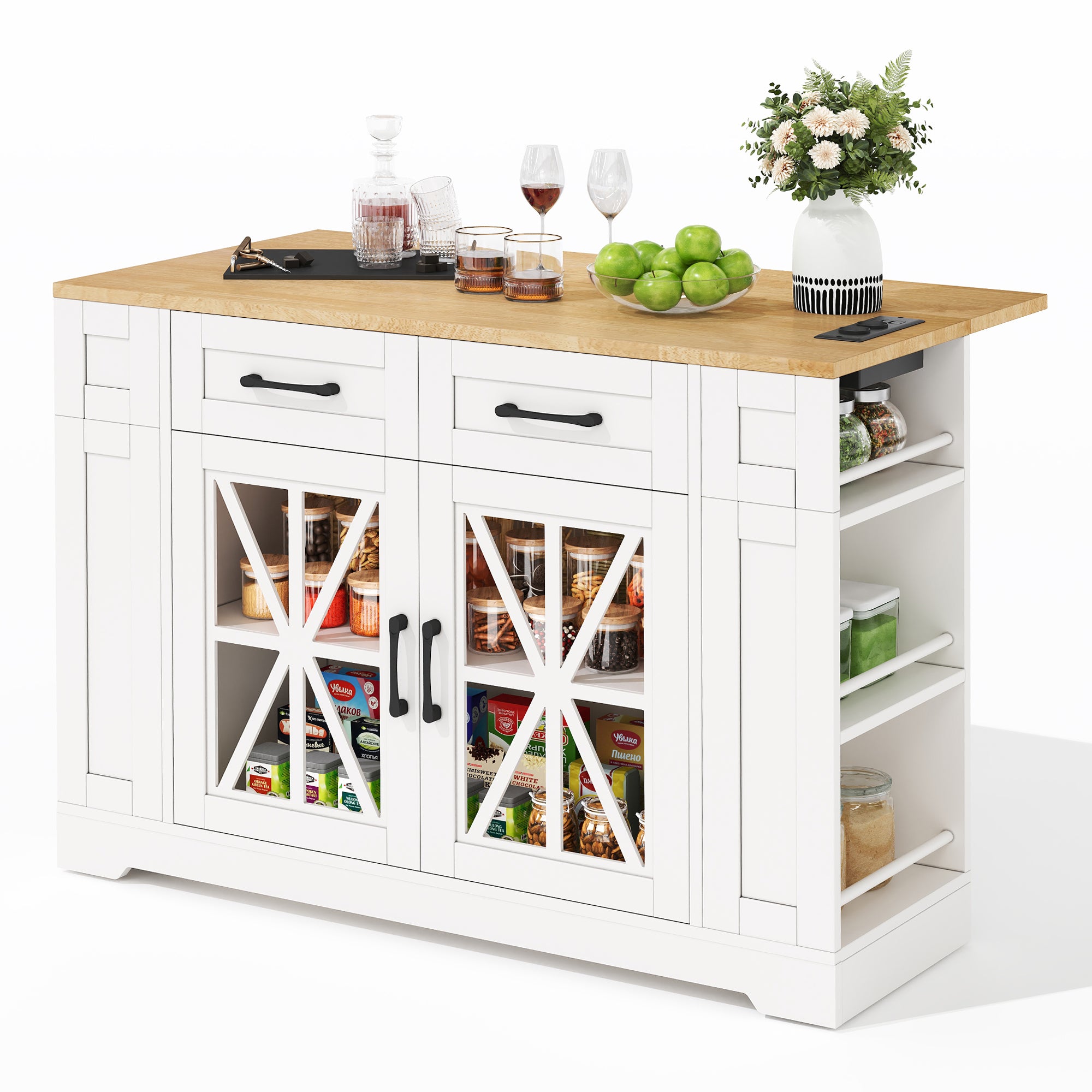 Portable Kitchen Island 120cm Folding Dining Table USB Charging Storage on Casters