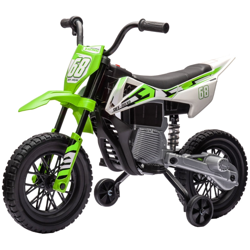 AIYAPLAY Electric Motorcycle for Kids, 12V with music and training wheels, green