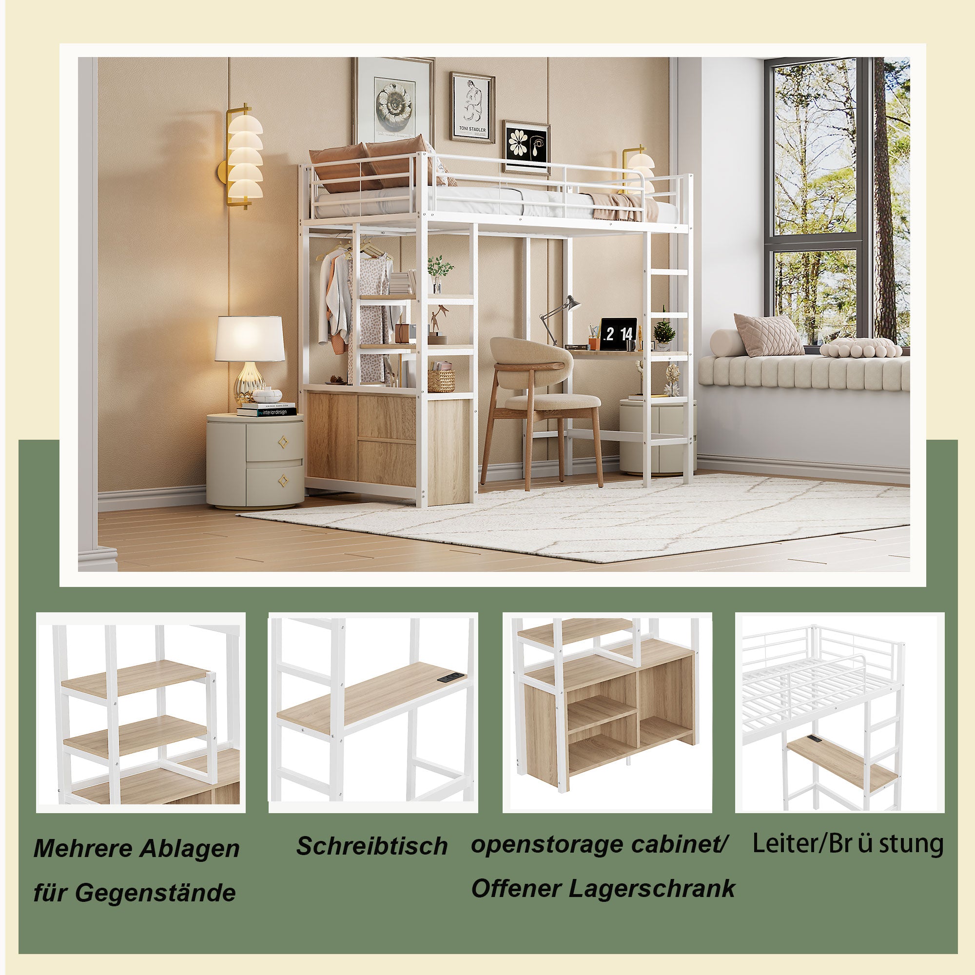 Loft Bed 90x200cm with Desk, USB/Power Outlet, Shelves & Storage - White Iron Frame