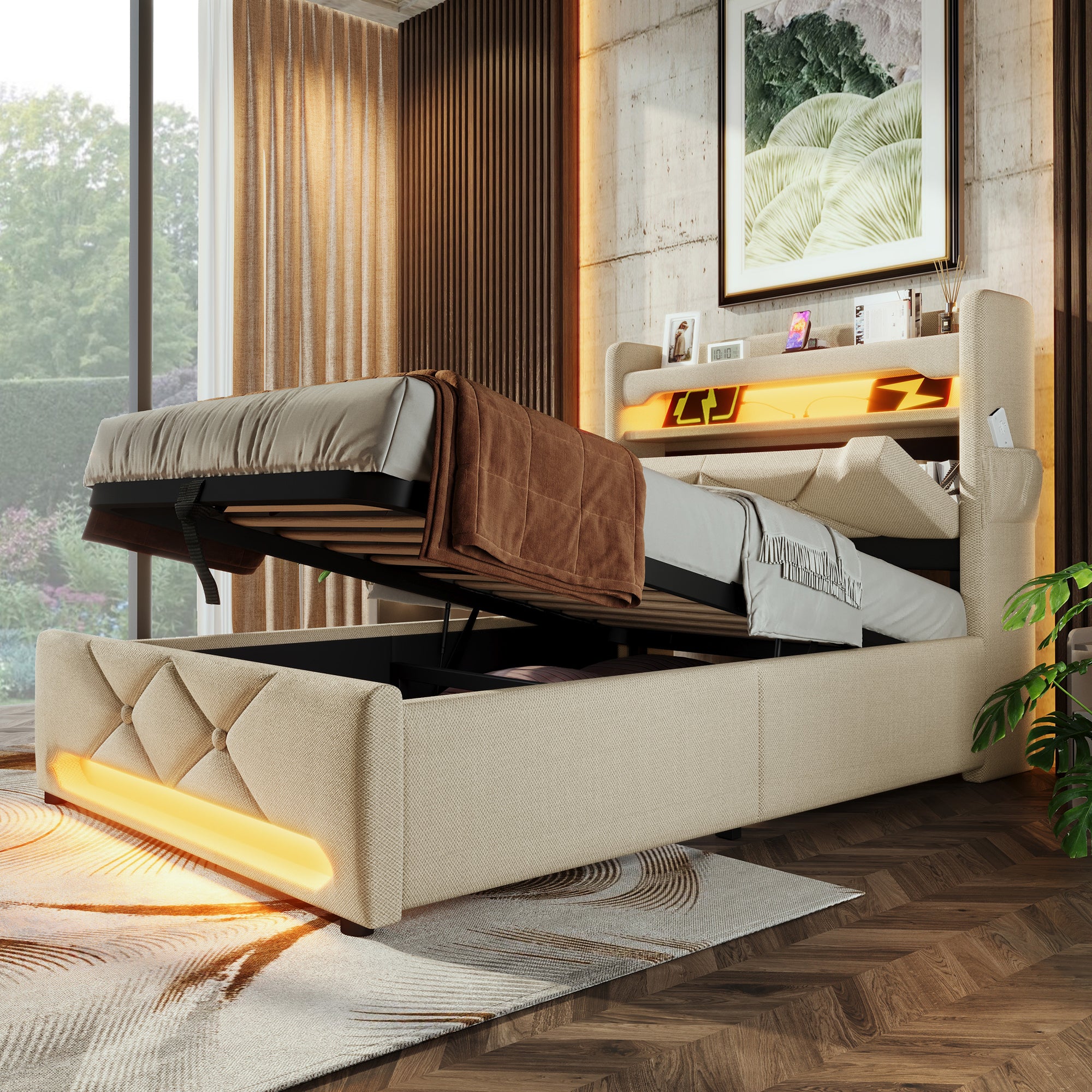 Upholstered Single Bed 90x200 Hydraulic Storage LED/USB Headboard, Beige Linen