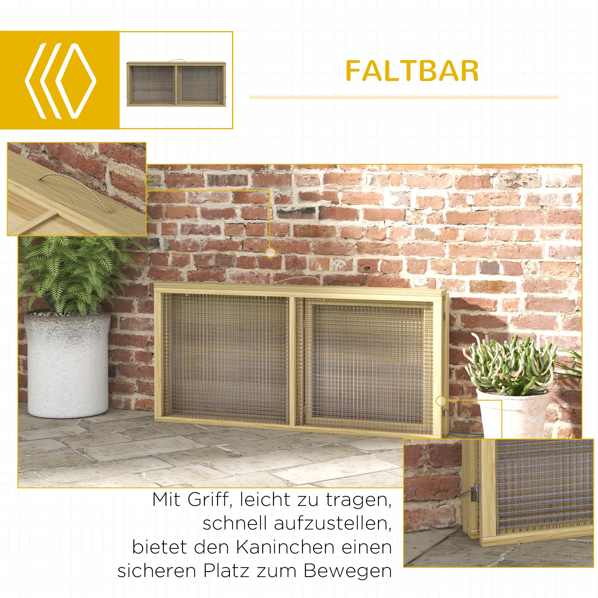 Wooden Rabbit Hutch, Foldable Outdoor Run with Roof, Natural Wood