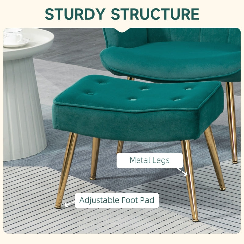 Modern Armchair with Footstool, Velvet Upholstered Wingback with Steel Legs, Dark Green