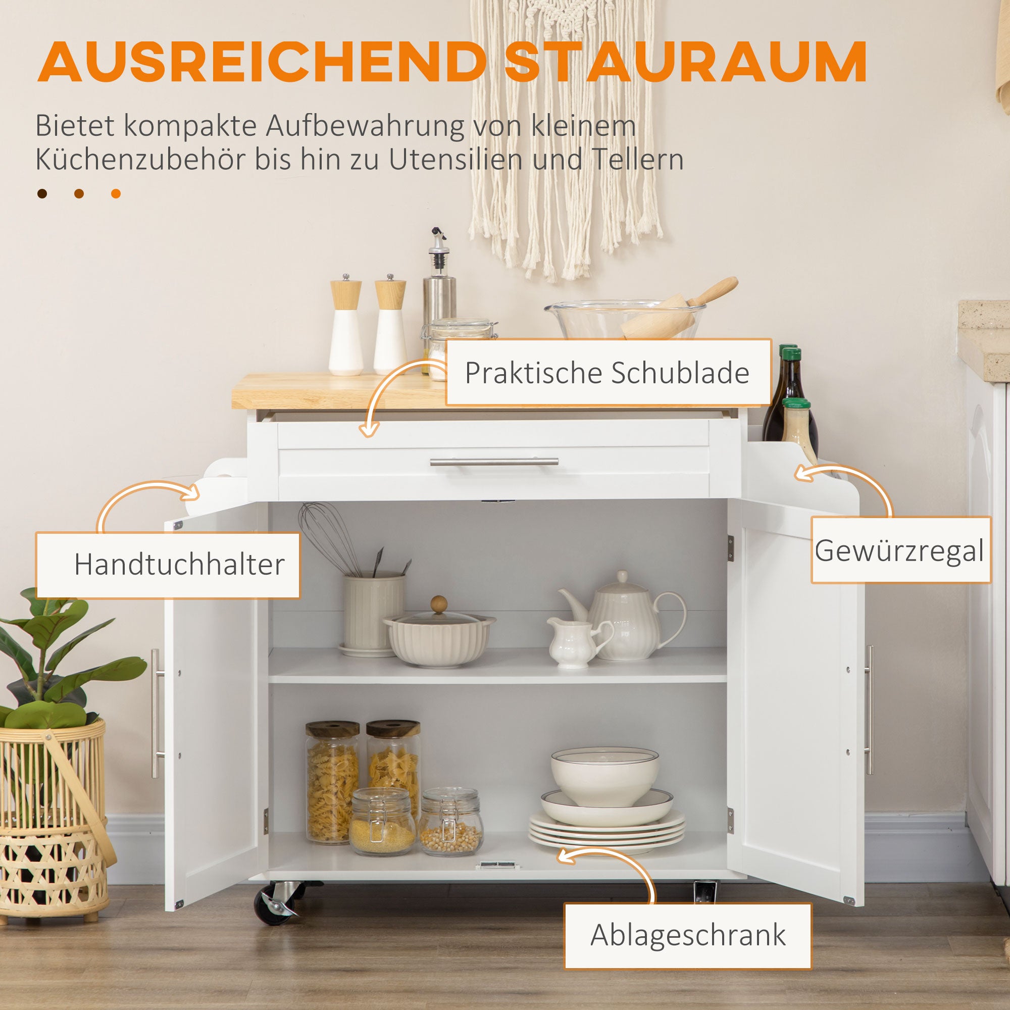 Kitchen Trolley Serving Cart Worktop Spice Rack Towel Rail White